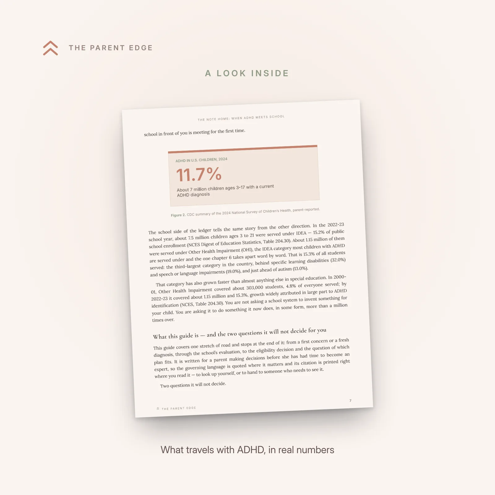 Sample page showing the What Travels With ADHD chart: 77.9 percent of children with ADHD have at least one co-occurring condition, with bars for behavioral problems, anxiety, learning disability, depression, and autism from 2022 national survey data.