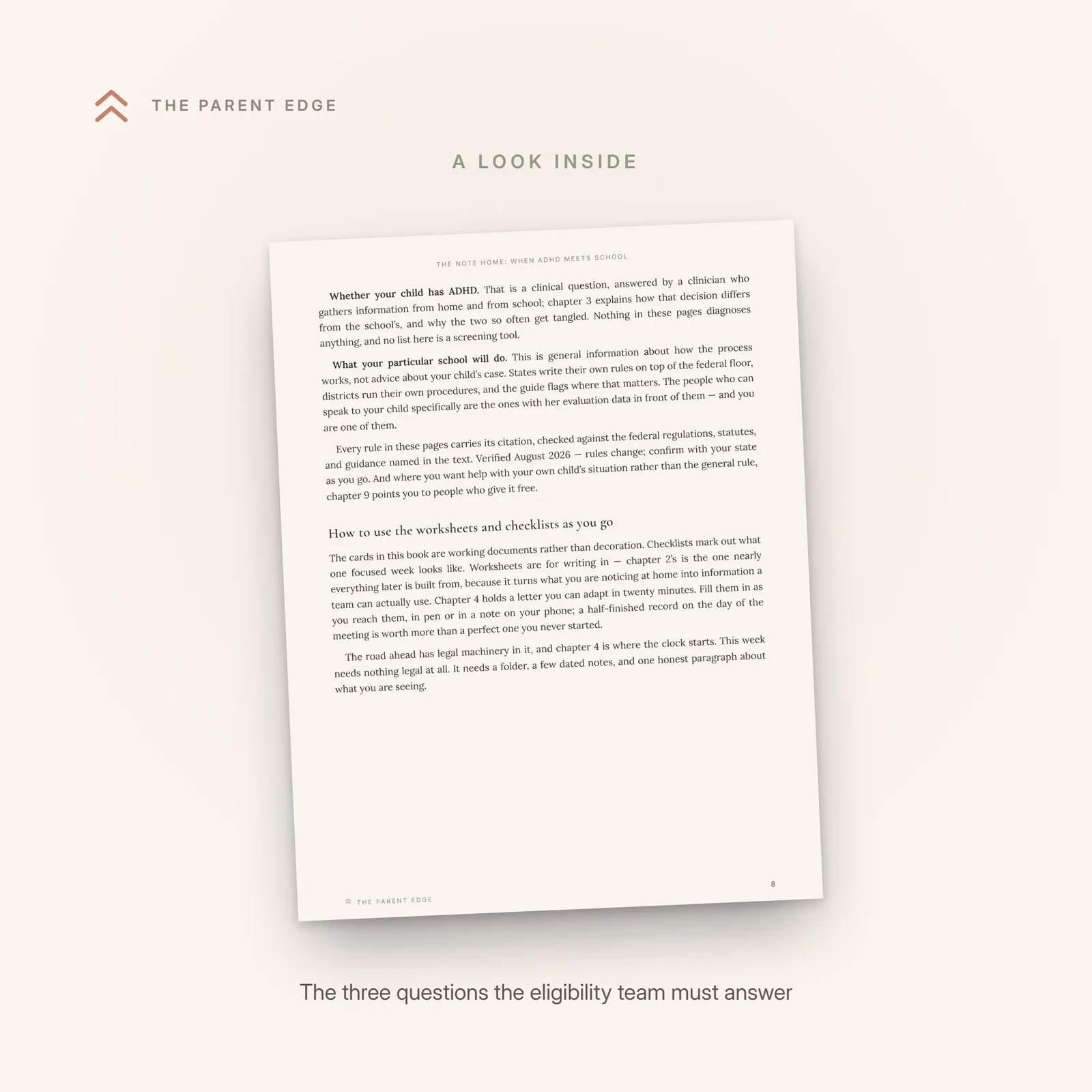 Sample page from the eligibility chapter: the three questions every IEP eligibility team must answer about ADHD under the Other Health Impairment category, each with its federal citation.