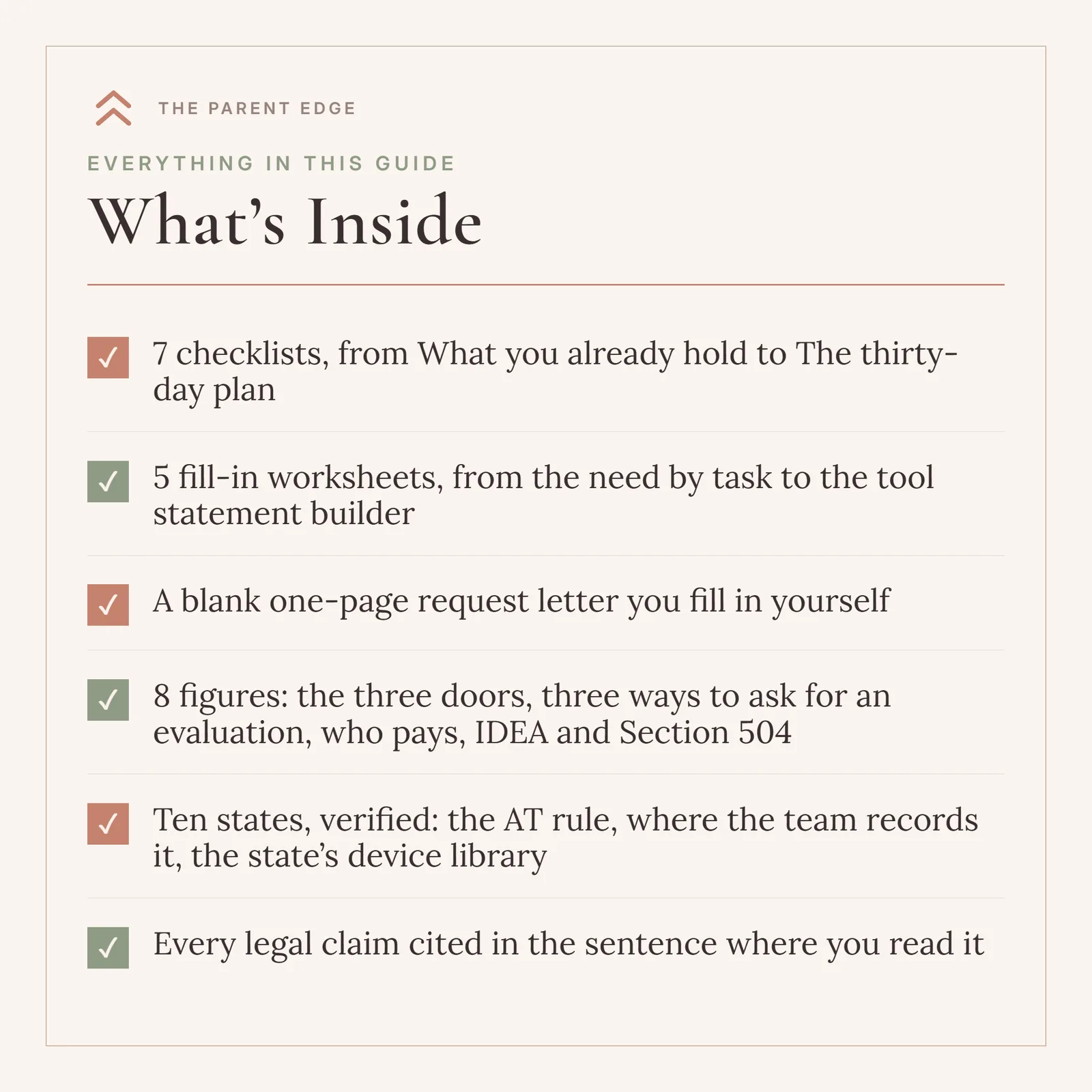 What is included card listing 7 checklists, 5 fill-in worksheets, a blank one-page request letter, 8 figures, a ten-state table, and every legal claim cited where you read it.