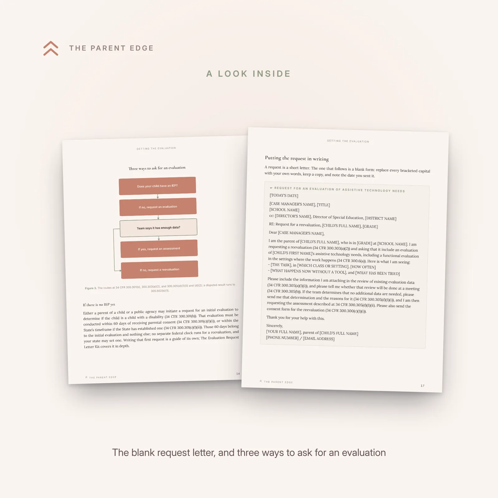 Two sample pages from the guide: the blank fill-in request letter for an evaluation of assistive technology needs, and the flow figure Three ways to ask for an evaluation.