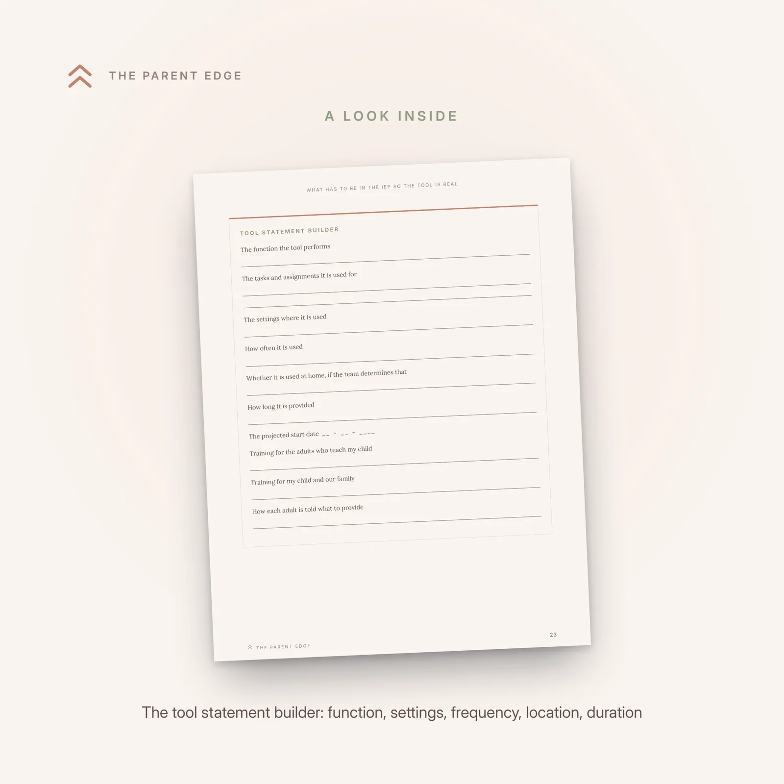 Sample page showing the Tool statement builder worksheet, ten fill-in fields from the function the tool performs to how each adult is told what to provide.