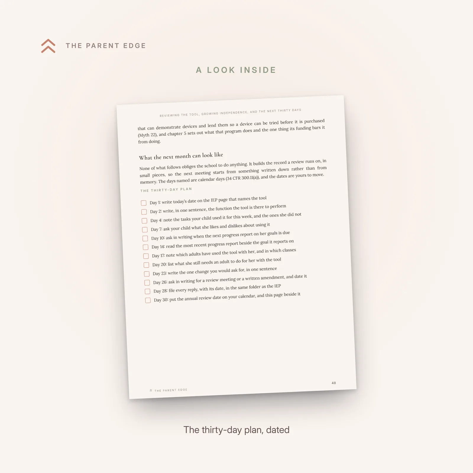 Sample page showing The thirty-day plan checklist, twelve dated steps that close the guide.