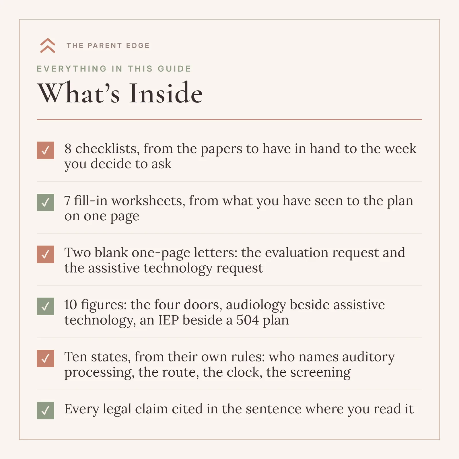 What’s Inside card listing 8 checklists, 7 fill-in worksheets, two blank one-page letters, 10 figures, ten states from their own rules, and every legal claim cited where you read it.