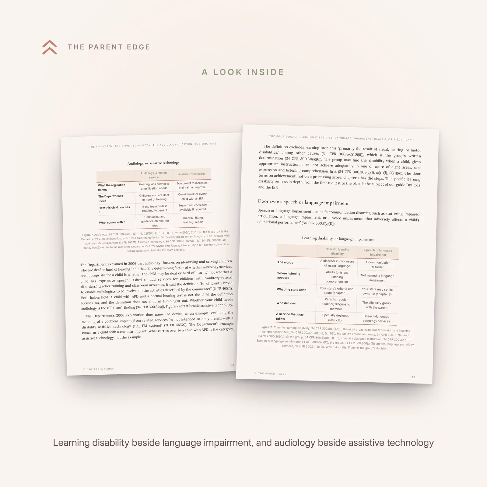 Two sample pages from the guide: page 11 with the comparison figure Learning disability, or language impairment, and page 32 with the comparison figure Audiology, or assistive technology.