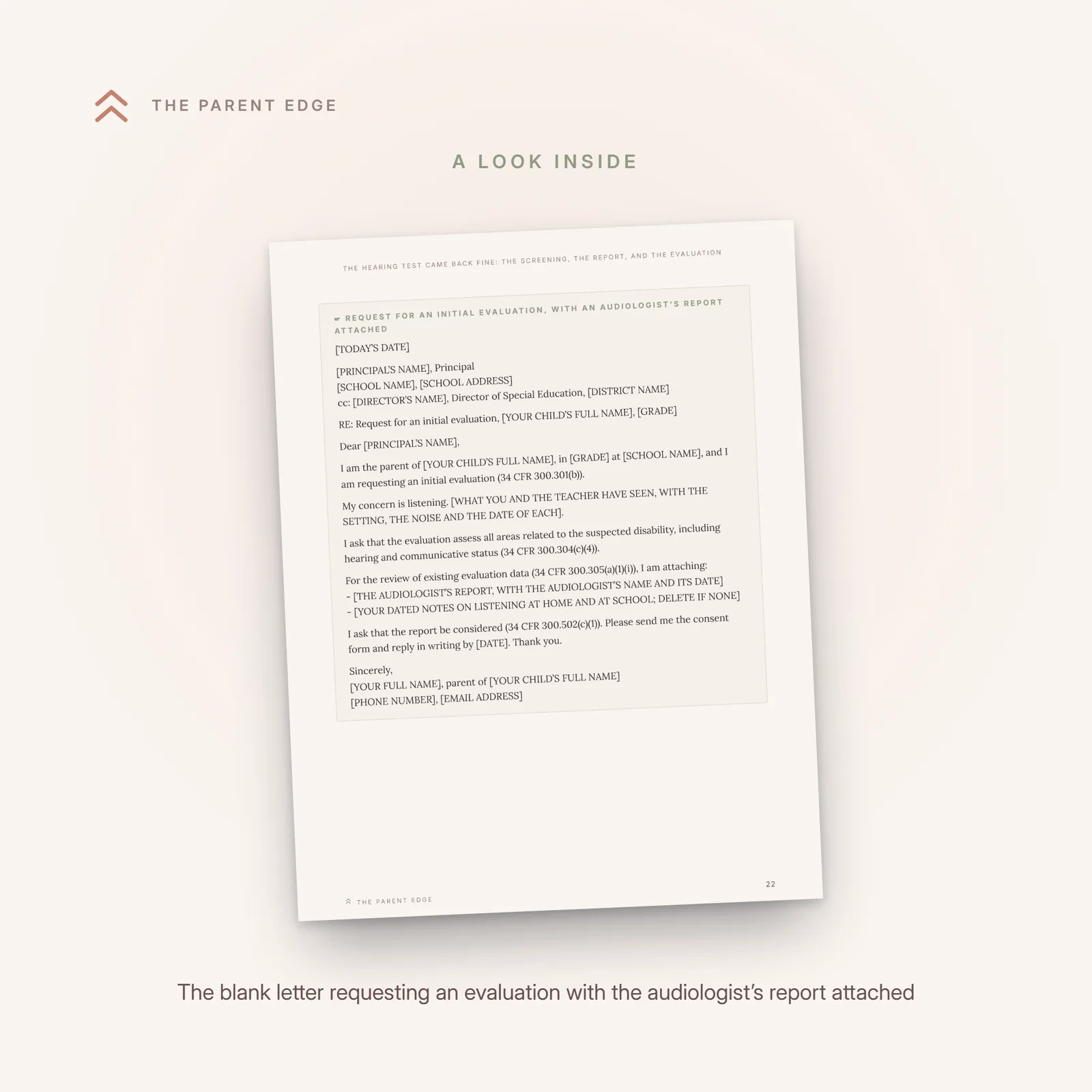 Sample page 22 showing the blank fill-in letter requesting an initial evaluation with an audiologist’s report attached, with bracketed placeholders.