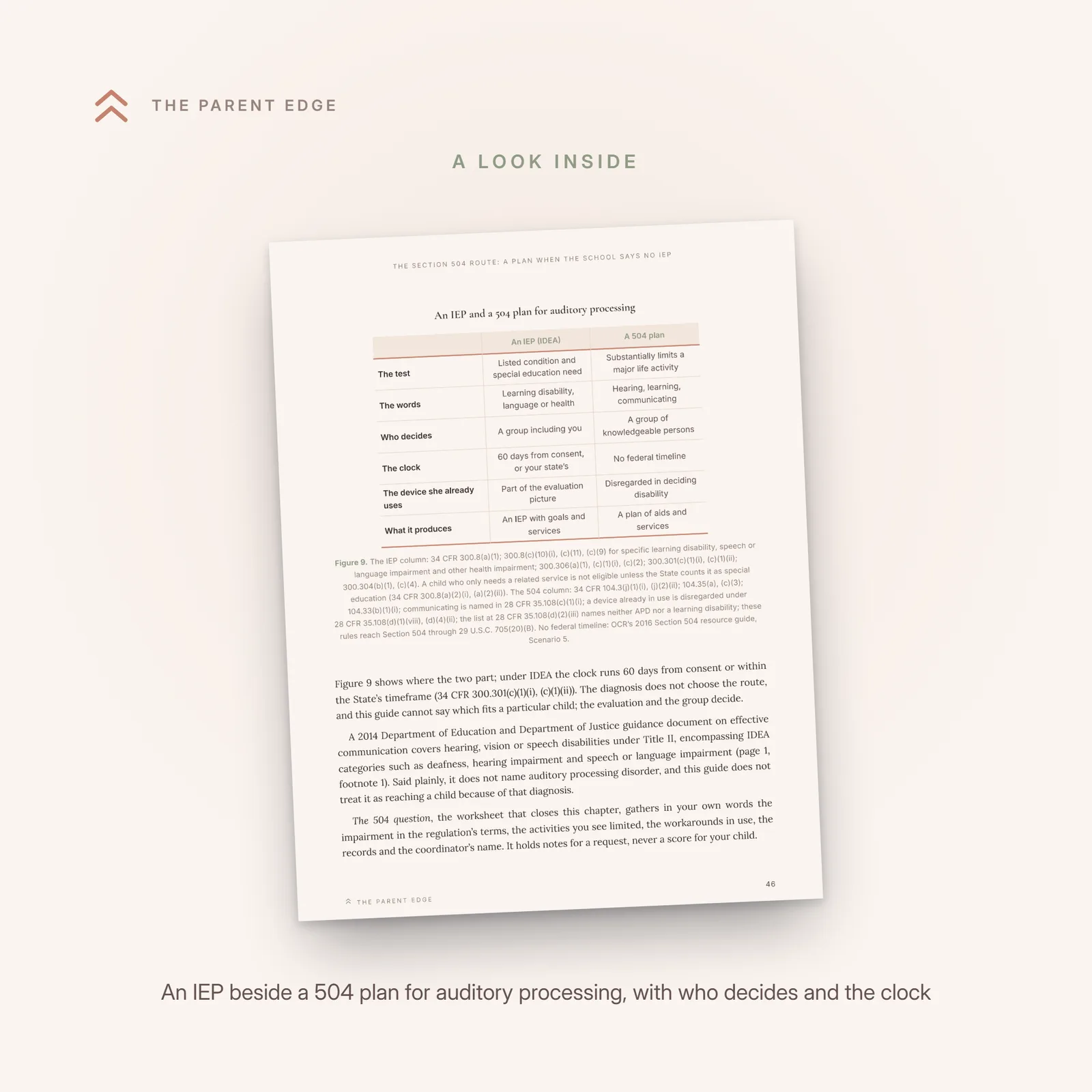 Sample page 46 showing the comparison figure An IEP and a 504 plan for auditory processing.