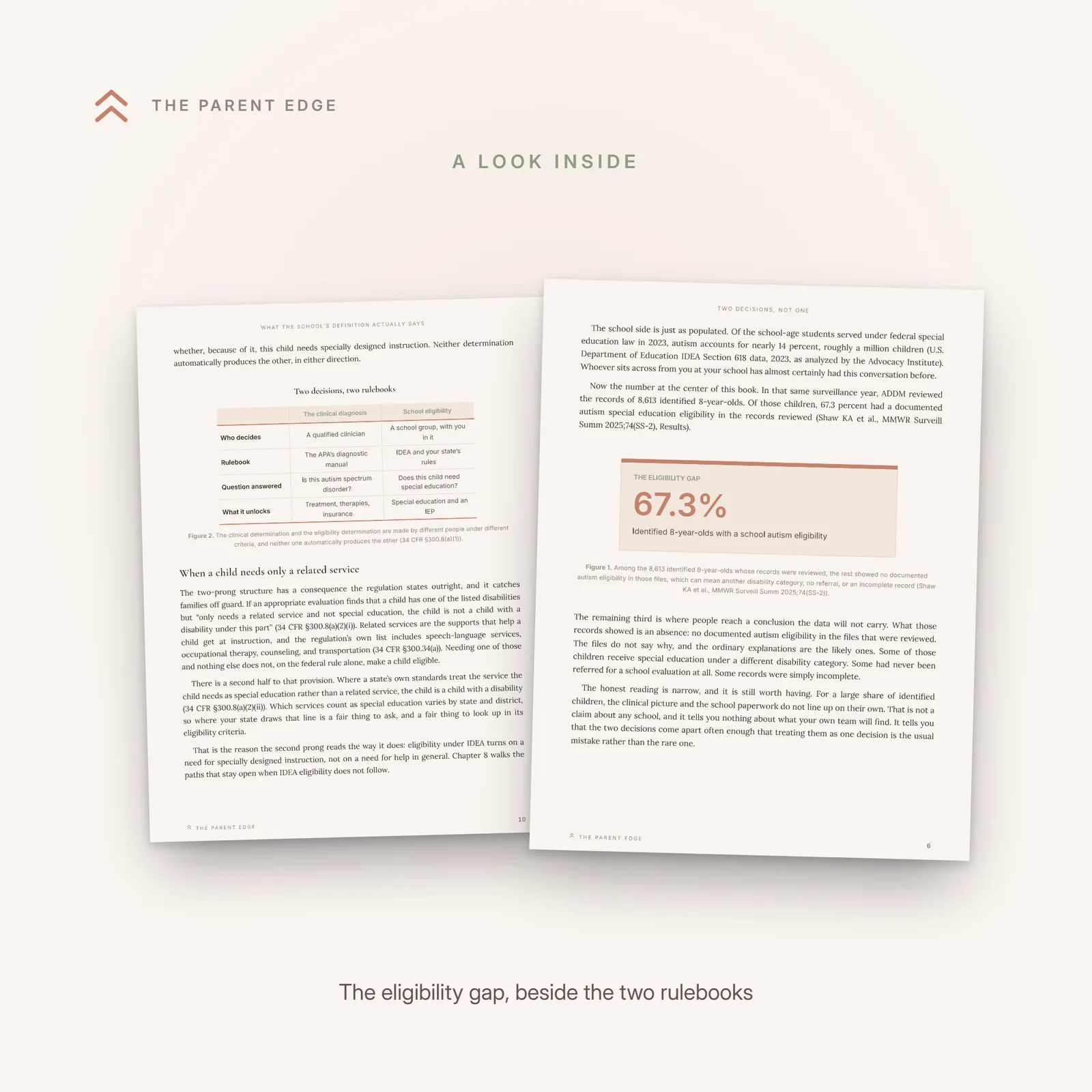 Angled pair of inside pages: the two-rulebooks comparison chart separating the clinical diagnosis from school eligibility, beside the 67.3 percent eligibility-gap statistic card.