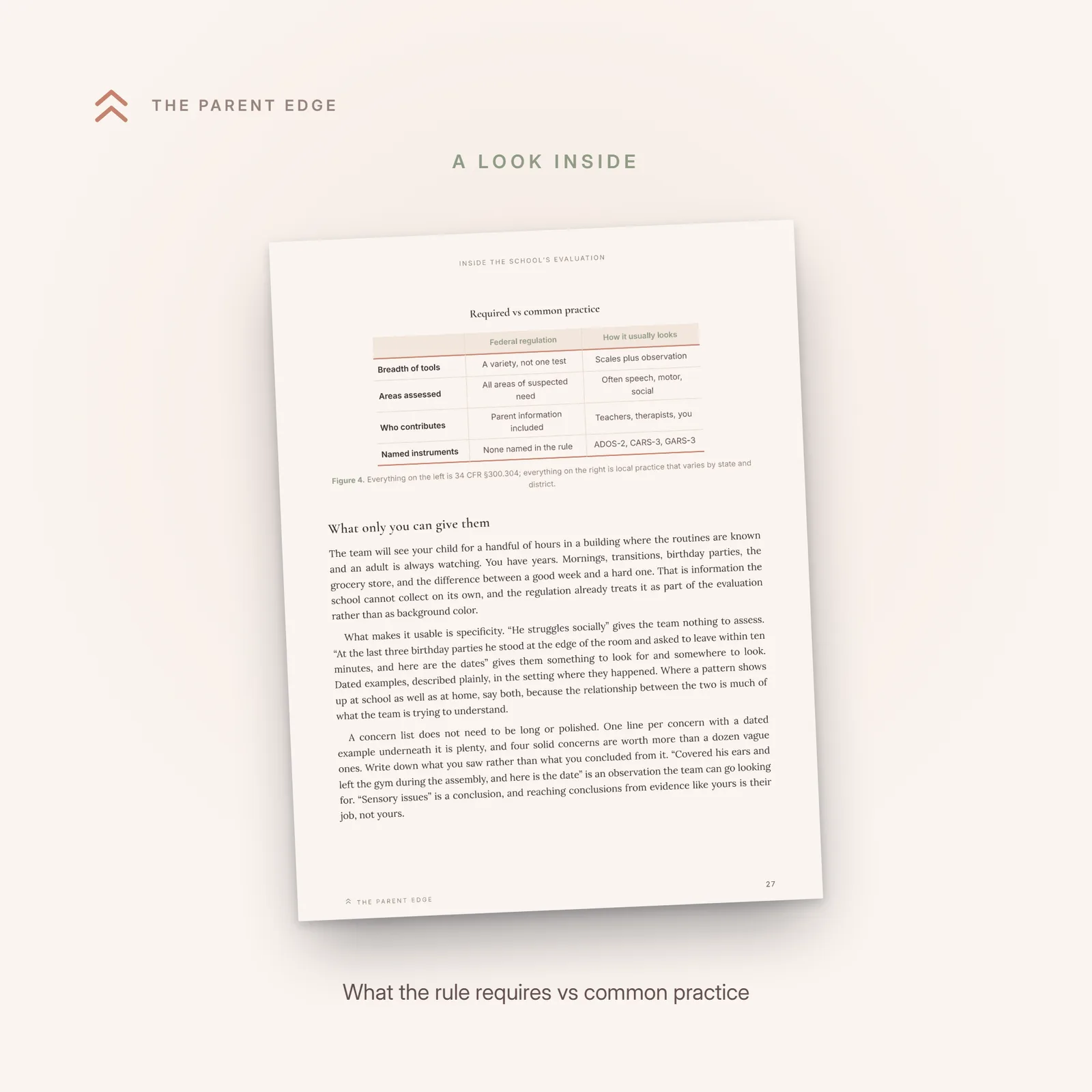 Inside page with the Required vs common practice comparison chart separating what federal regulation requires of a school autism evaluation from the instruments and team it usually involves.