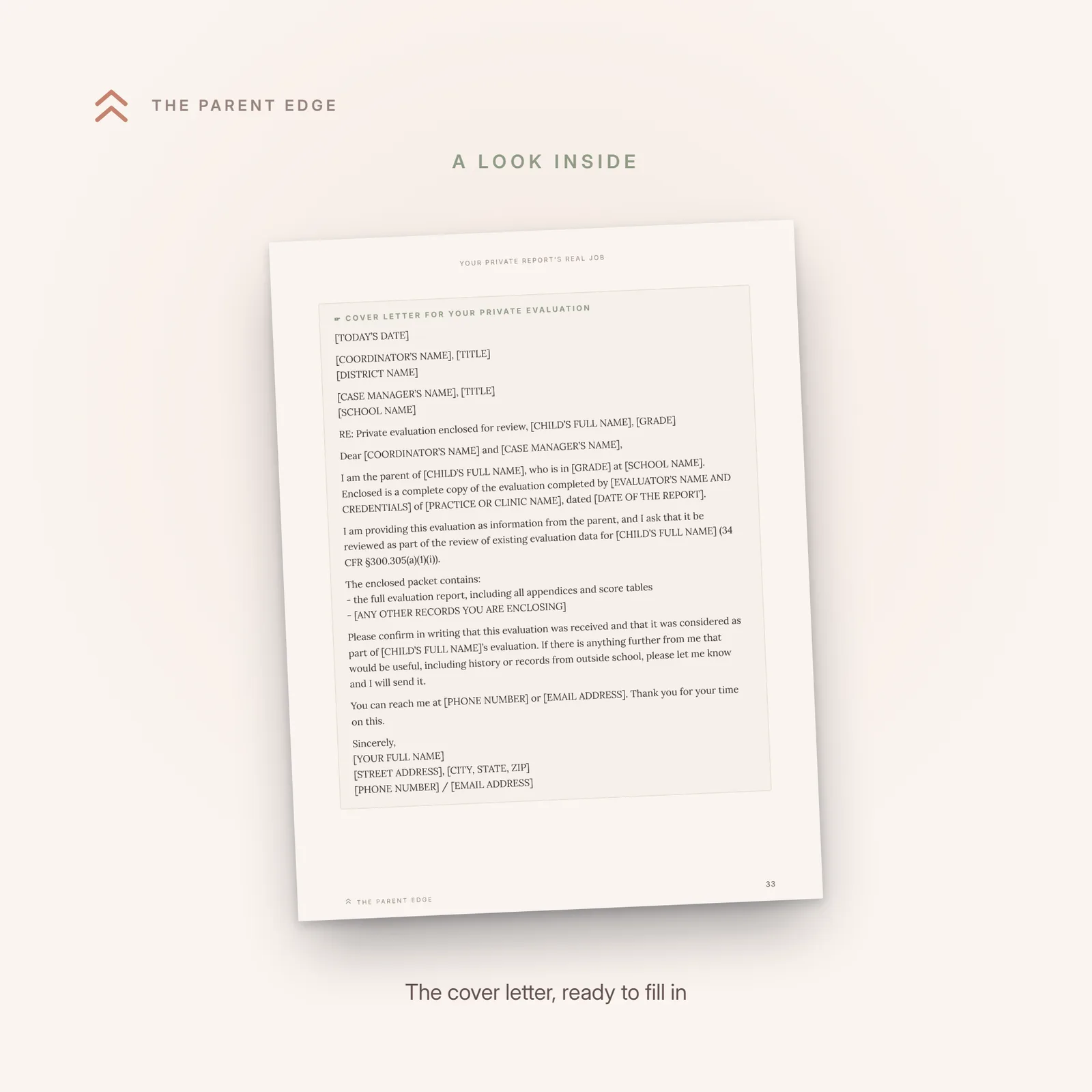 Full-page preview of the fill-in cover letter template for submitting a private autism evaluation to the school, with capitalized bracket placeholders throughout.