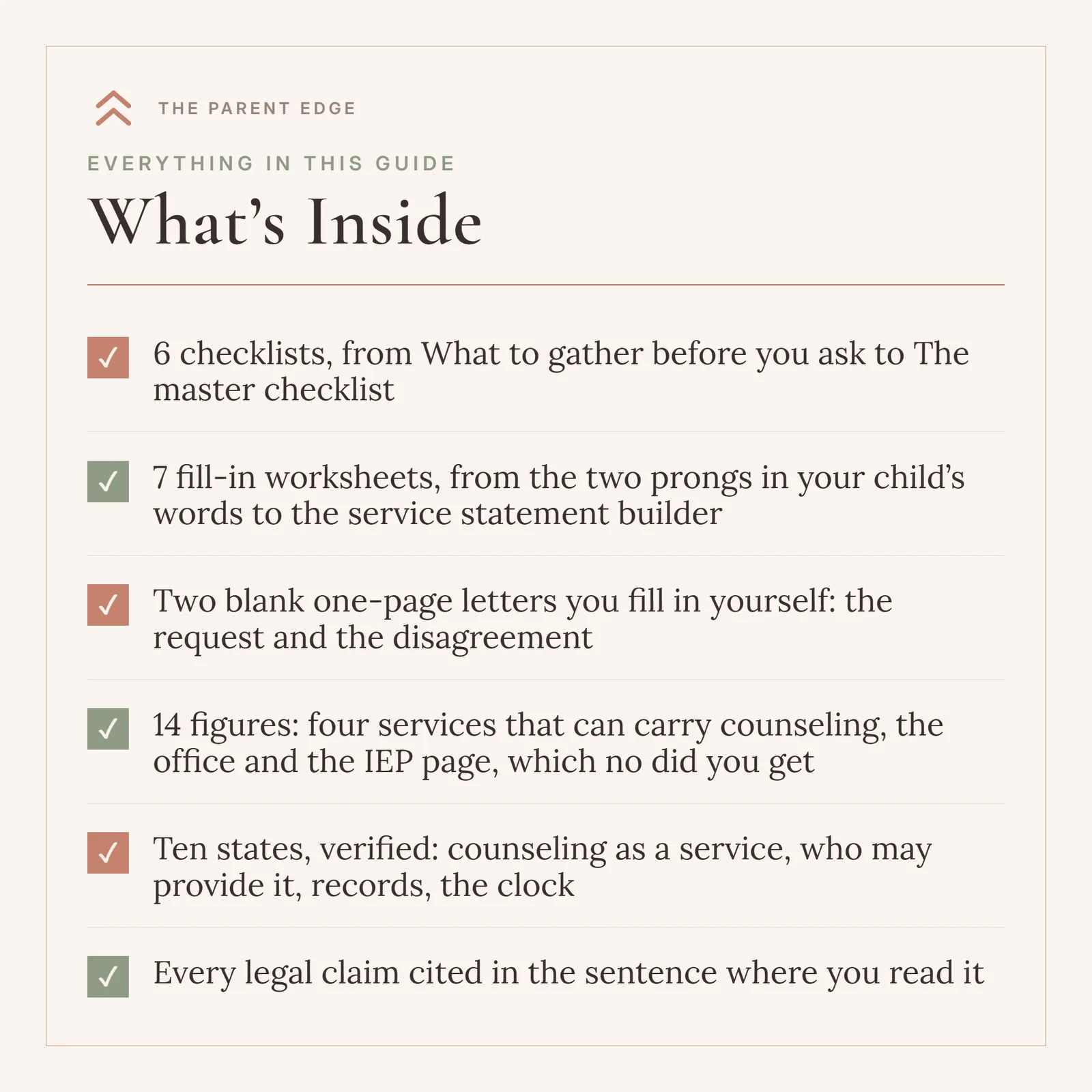 What's Inside card listing 6 checklists, 7 fill-in worksheets, two blank one-page letters, 14 figures, ten states, verified, and every legal claim cited in the sentence where you read it.