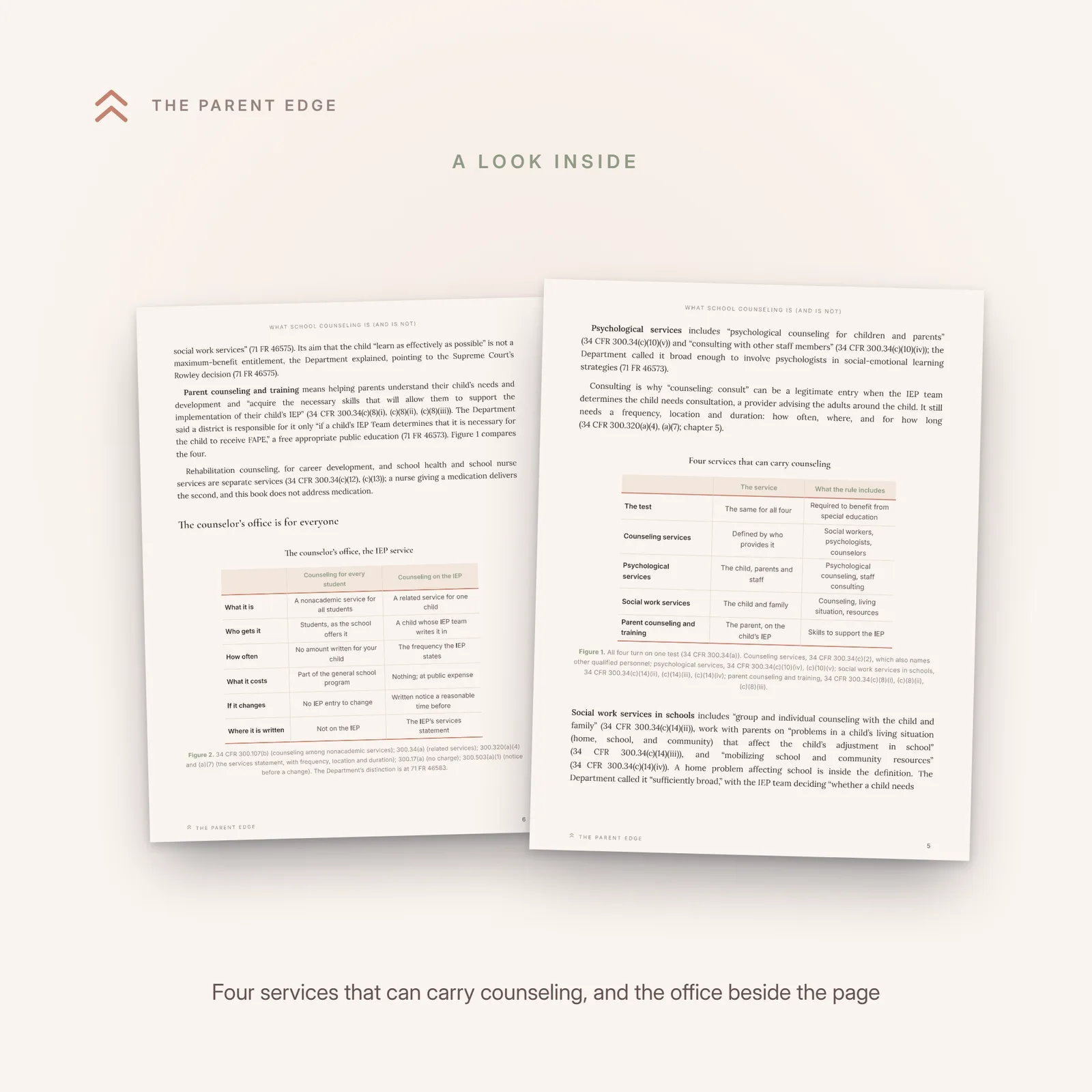 Two sample pages from the guide: the comparison figure Four services that can carry counseling, and the comparison figure The counselor's office, the IEP service.