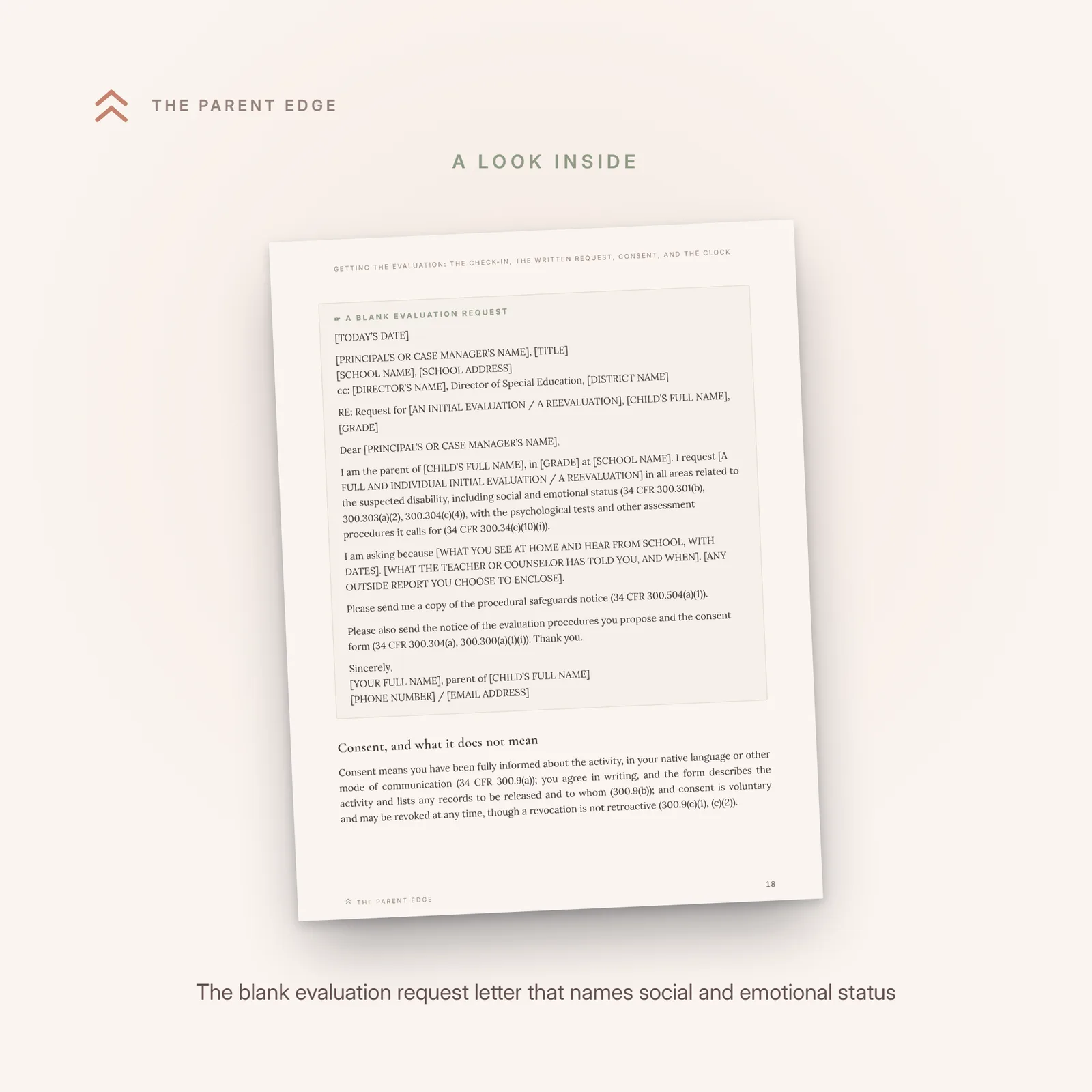 Sample page showing the blank fill-in letter requesting an evaluation that names social and emotional status.