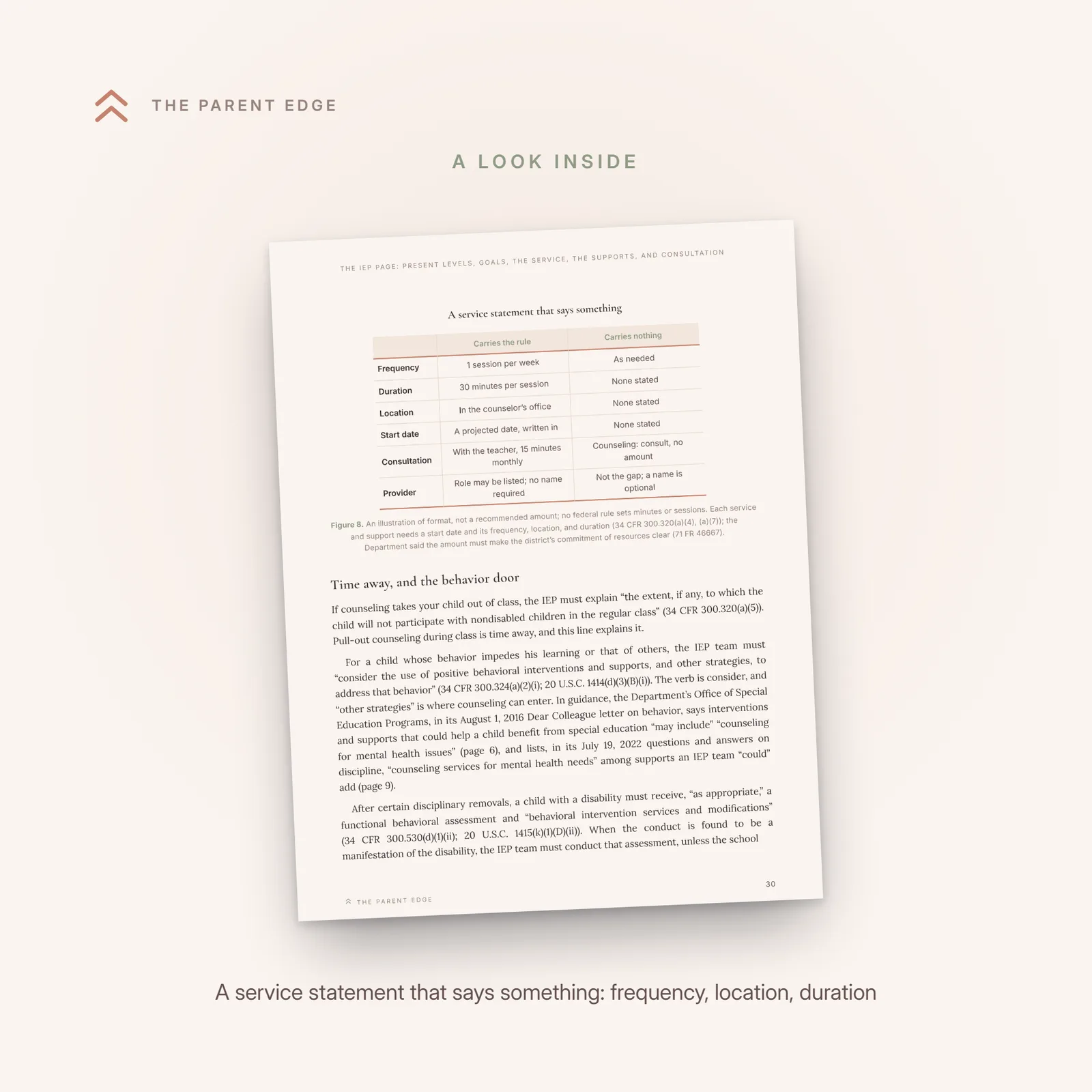 Sample page showing the comparison figure A service statement that says something, a service line that carries the rule beside one that carries nothing.
