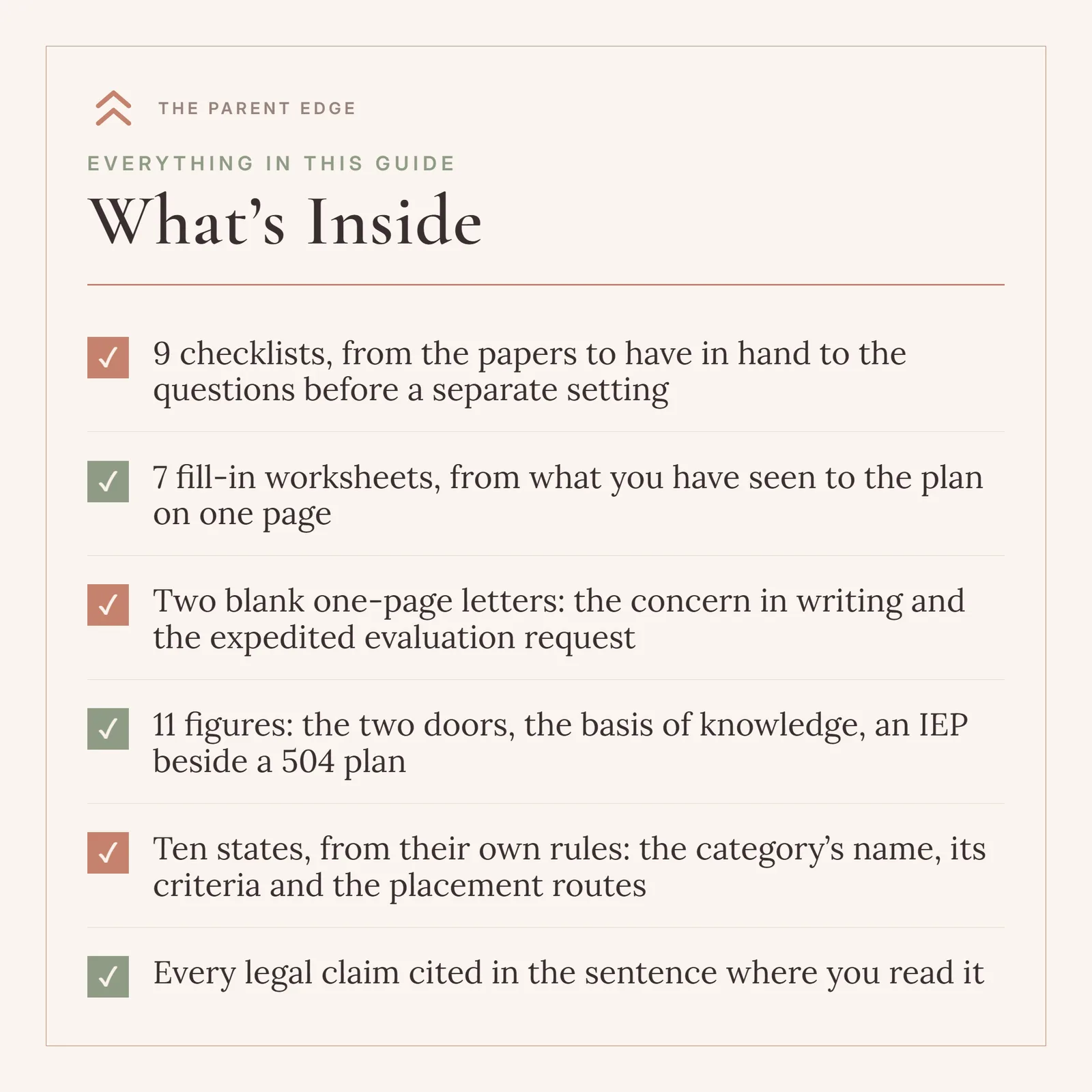What’s Inside card listing 9 checklists, 7 fill-in worksheets, two blank one-page letters, 11 figures, ten states from their own rules, and every legal claim cited where you read it.
