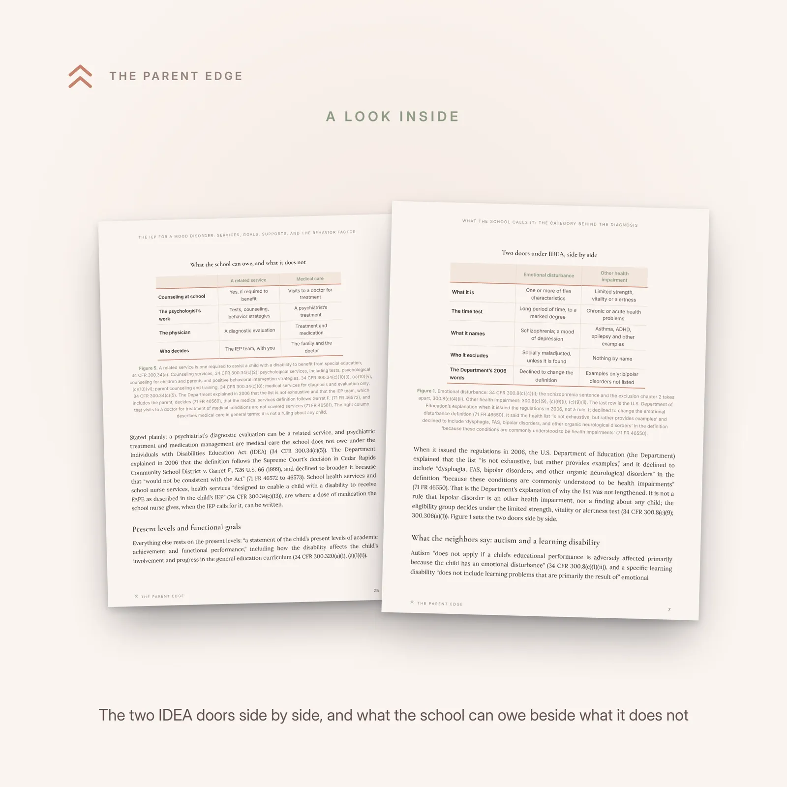 Two sample pages from the guide: page 7 with the comparison figure Two doors under IDEA, side by side, and page 25 with the comparison figure What the school can owe, and what it does not.