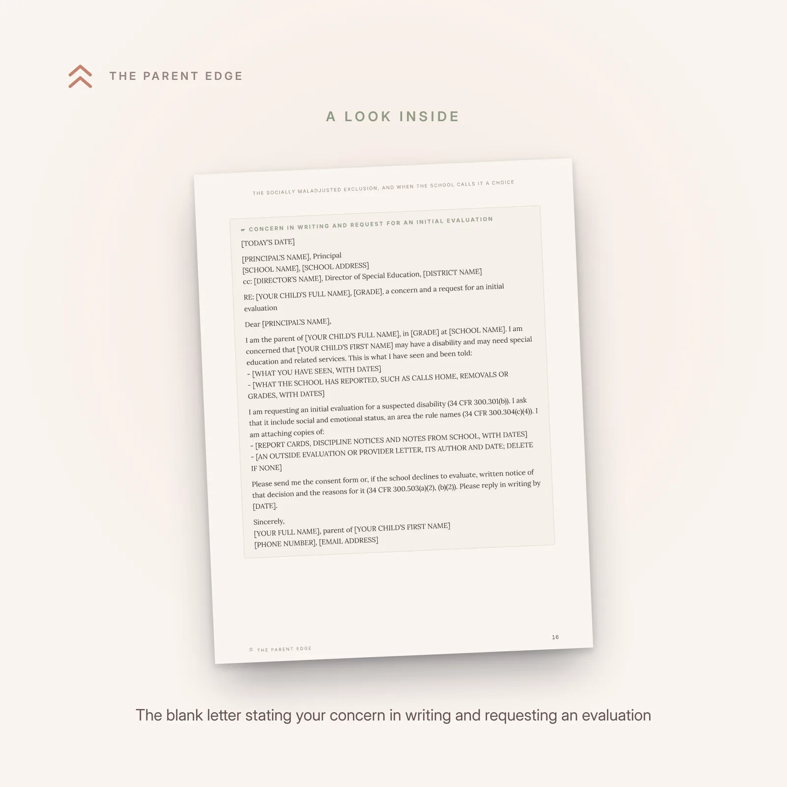 Sample page 16 showing the blank fill-in letter Concern in writing and request for an initial evaluation, with bracketed placeholders.
