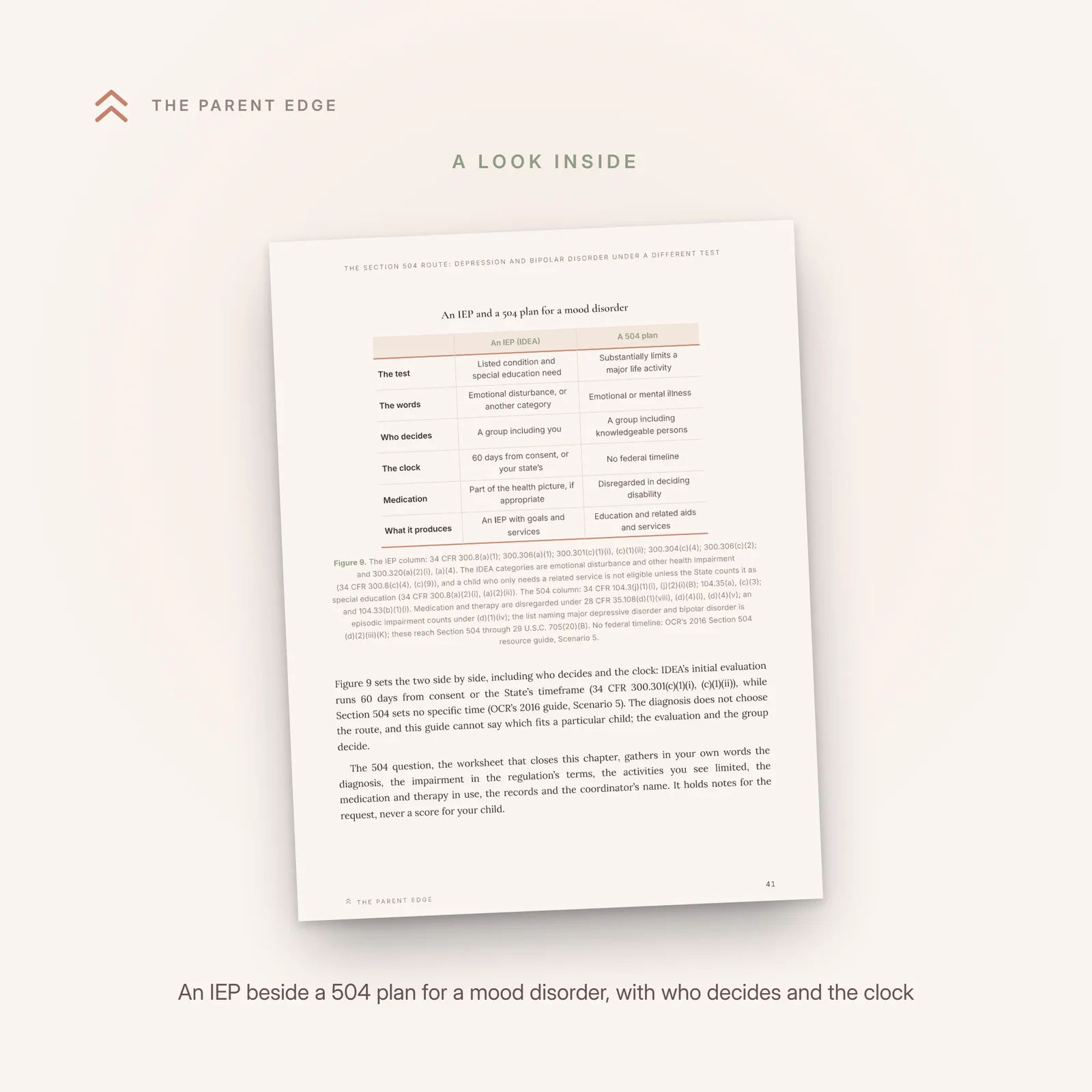 Sample page 41 showing the comparison figure An IEP and a 504 plan for a mood disorder.