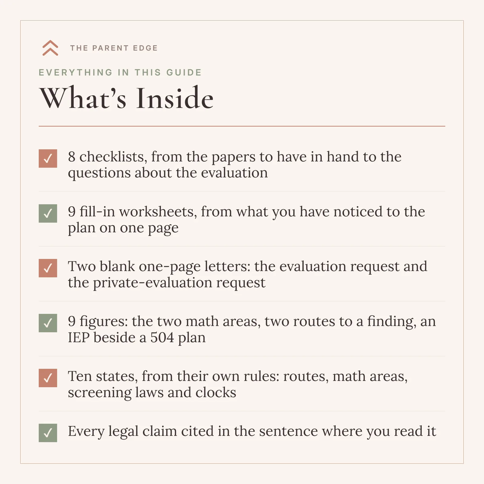 What's Inside card listing 8 checklists, 9 fill-in worksheets, two blank one-page letters, 9 figures, ten states from their own rules, and every legal claim cited where you read it.