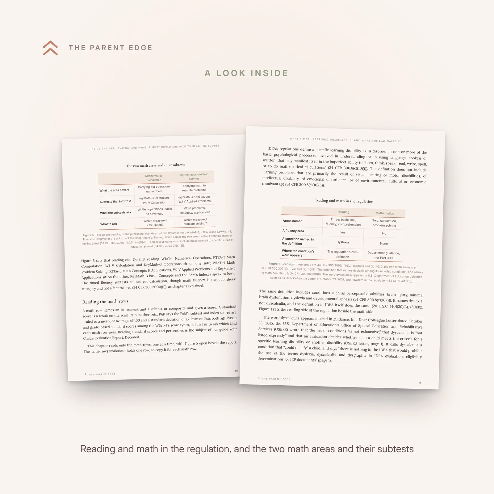 Two sample pages from the guide: the comparison figure Reading and math in the regulation, with the two math areas beside reading's three, and the comparison figure The two math areas and their subtests.