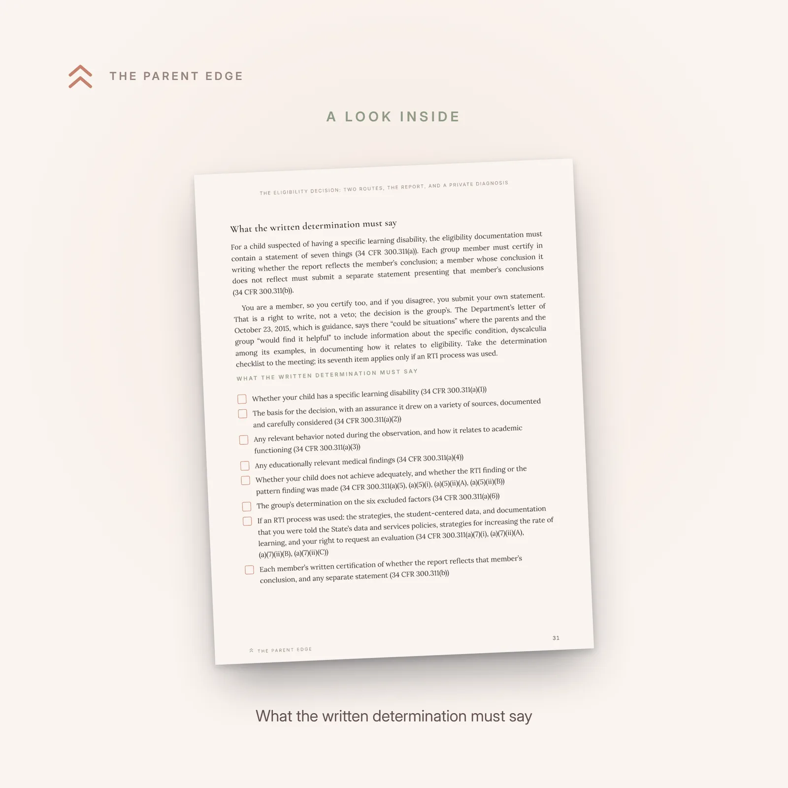Sample page showing the checklist What the written determination must say, each item with its paragraph of 34 CFR 300.311.