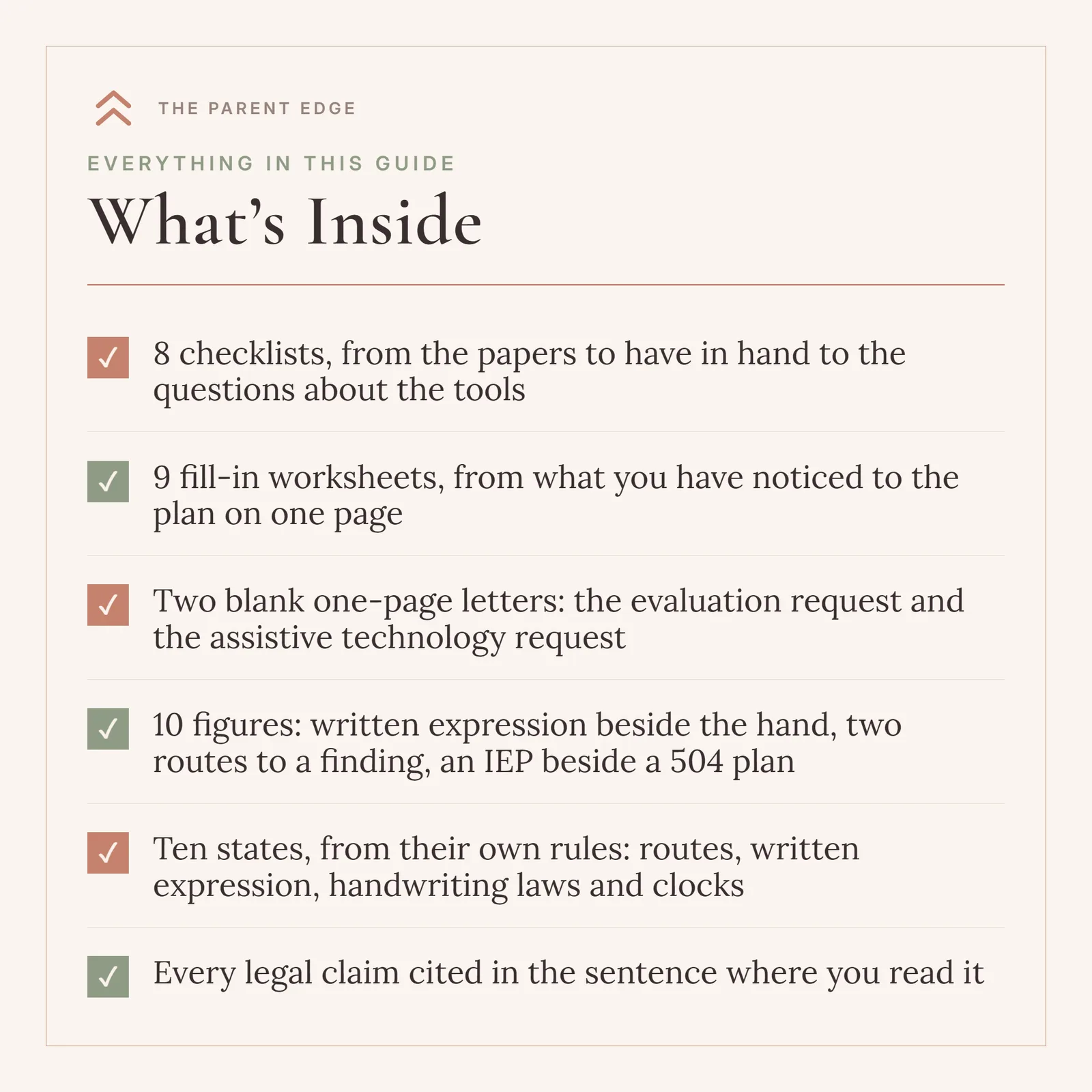 What’s Inside card listing 8 checklists, 9 fill-in worksheets, two blank one-page letters, 10 figures, ten states from their own rules, and every legal claim cited where you read it.