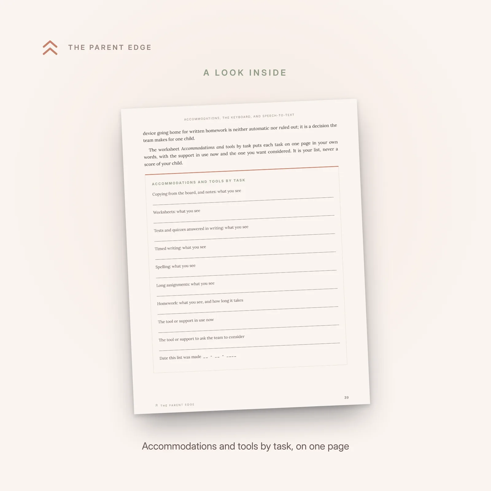Sample page showing the worksheet Accommodations and tools by task, with ruled lines for copying from the board, worksheets, tests, timed writing, spelling, long assignments and homework.