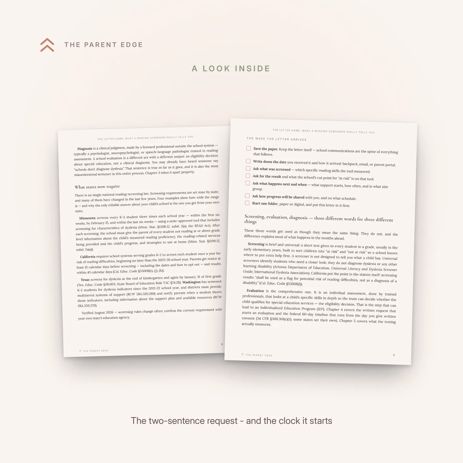 Two inside pages shown as a pair: the two-sentence evaluation request language a parent can adapt, and the evaluation clock timeline showing the road from written request and consent through day 60 to the decision, with the federal memo quoted beneath it.