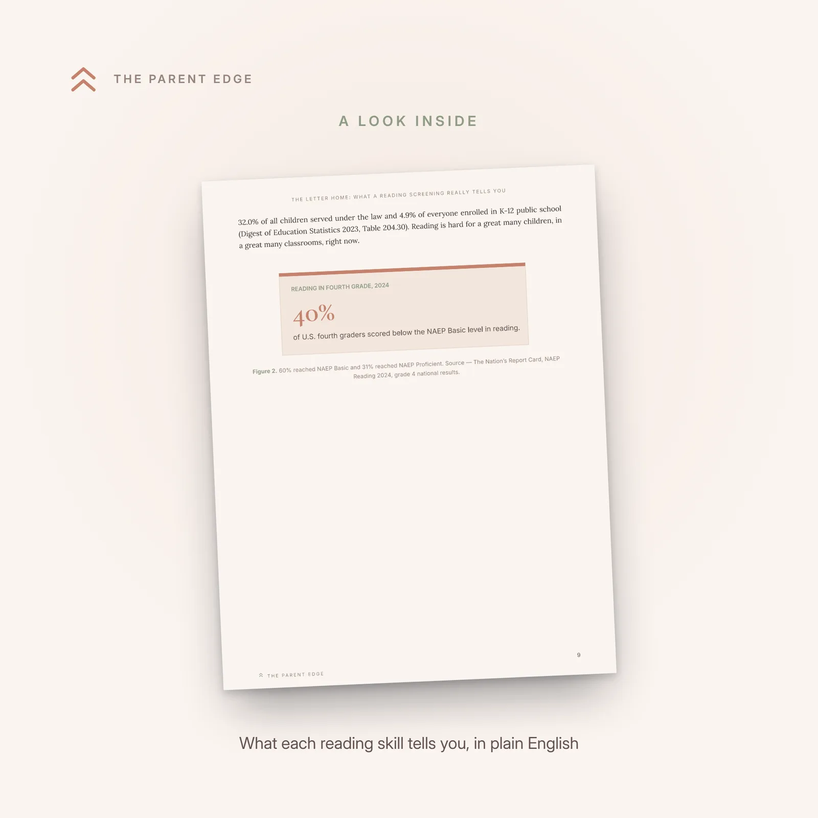 Inside page showing the reading-skills comparison figure: what phonological awareness, decoding, fluency, comprehension, and rapid naming each measure, and what weak scores suggest.
