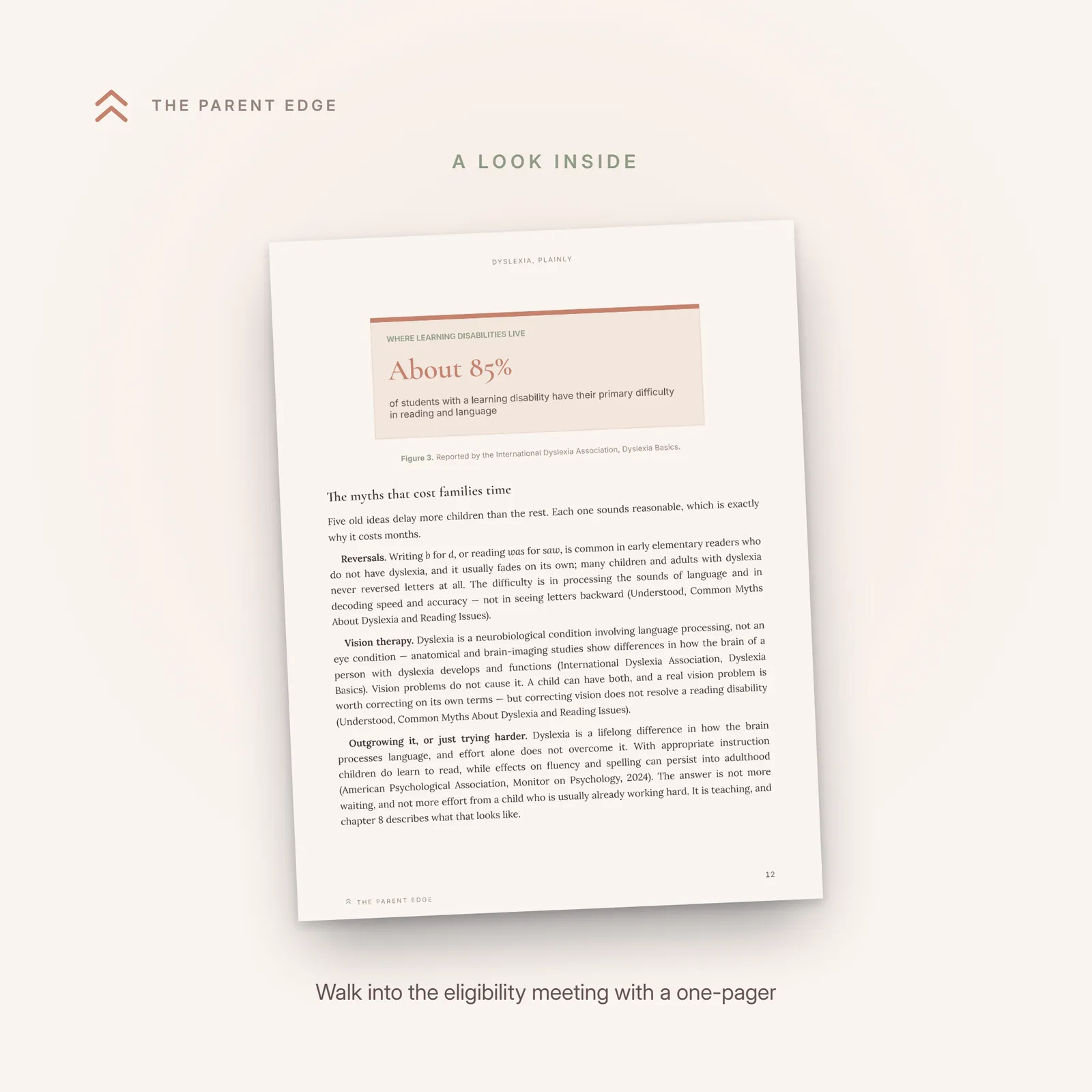 Inside page showing the eligibility meeting one-pager worksheet a parent fills in before the decision meeting: areas of concern, what the data shows, input for the record, and questions to ask.