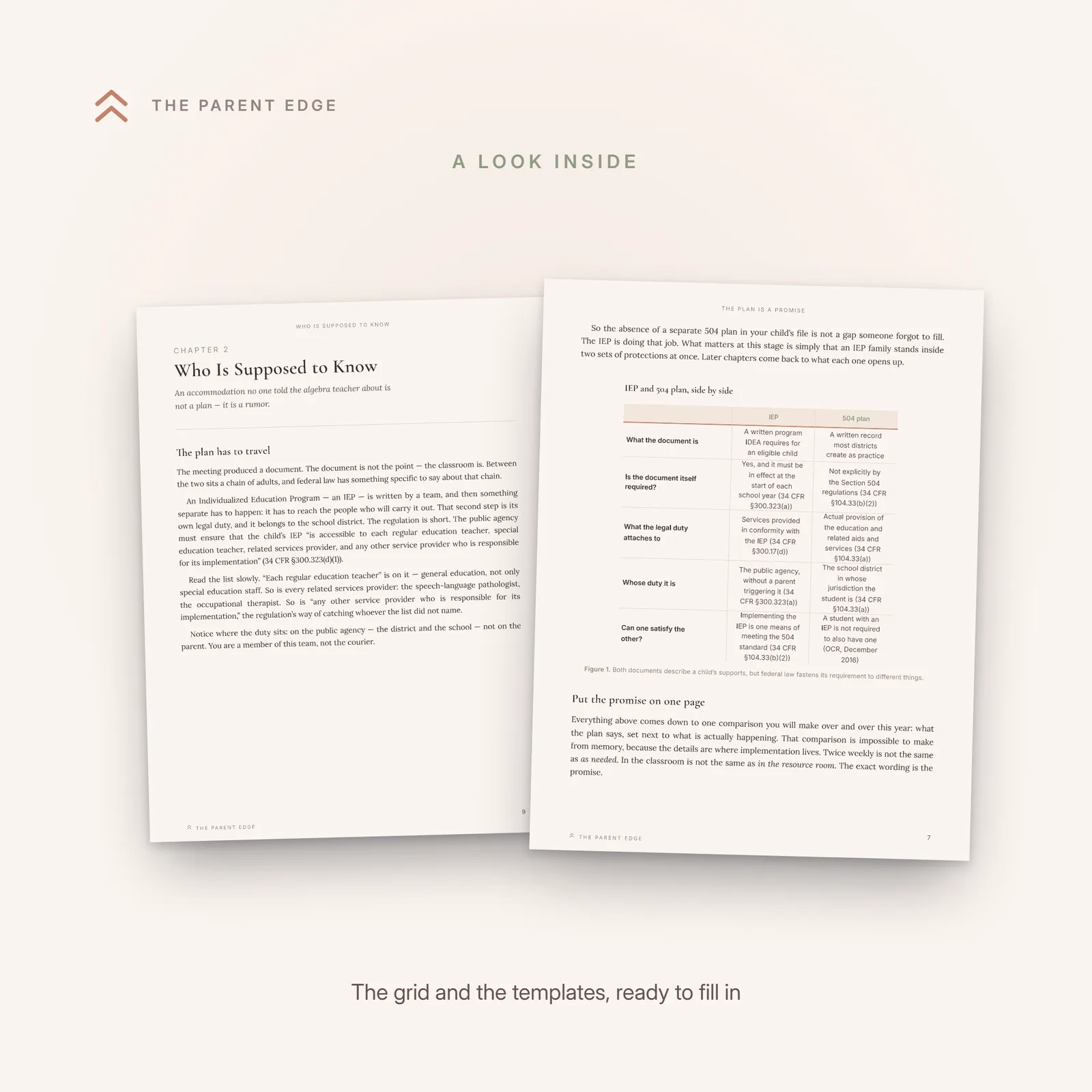 Two sample pages: the Implementation Check Grid worksheet and a fill-in teacher check-in email template.