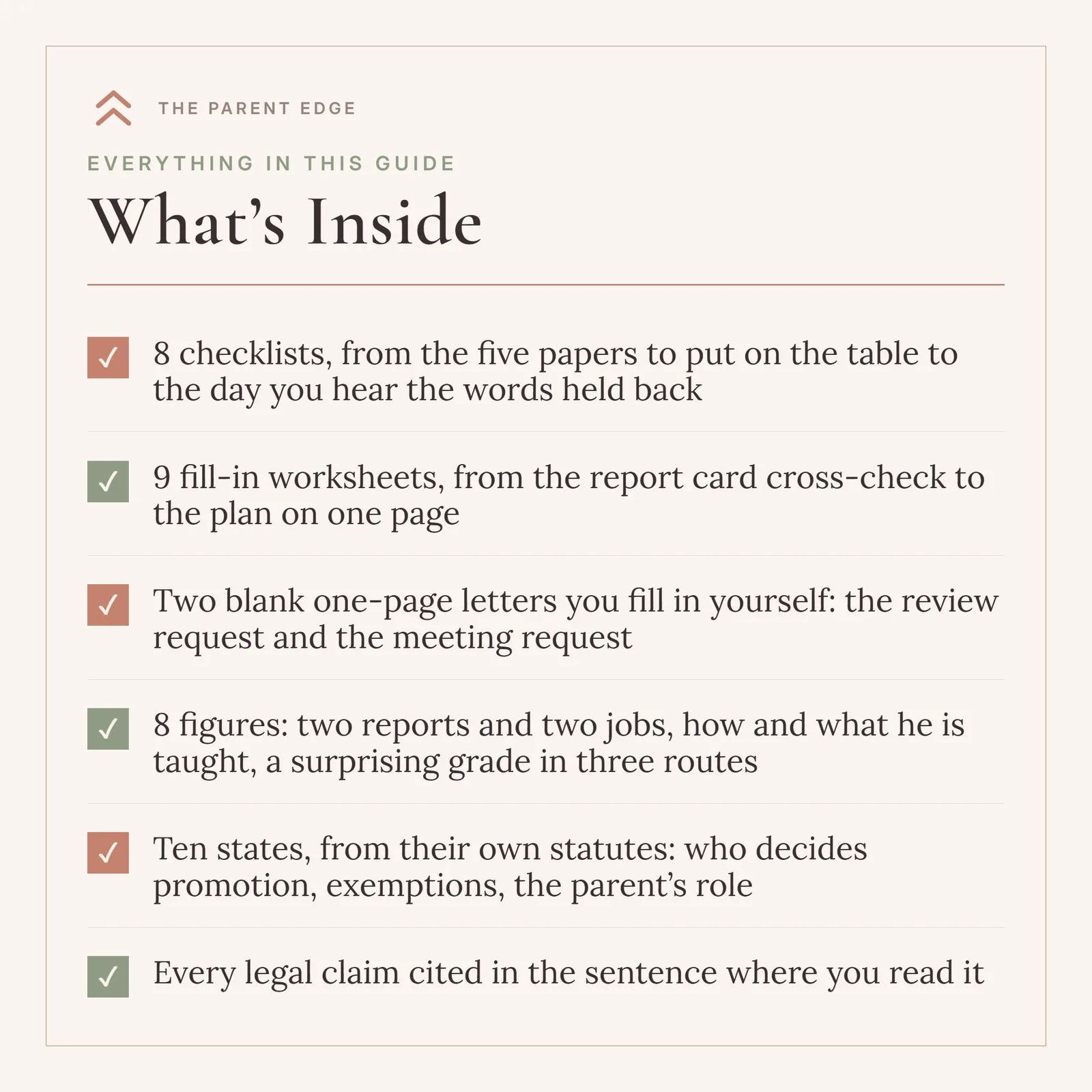 What's Inside card listing 8 checklists, 9 fill-in worksheets, two blank one-page letters, 8 figures, ten states from their own statutes, and every legal claim cited in the sentence where you read it.