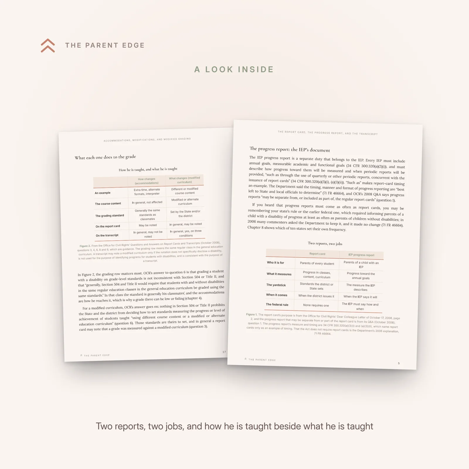 Two sample pages from the guide: the comparison figure Two reports, two jobs, and the comparison figure How he is taught, and what he is taught.