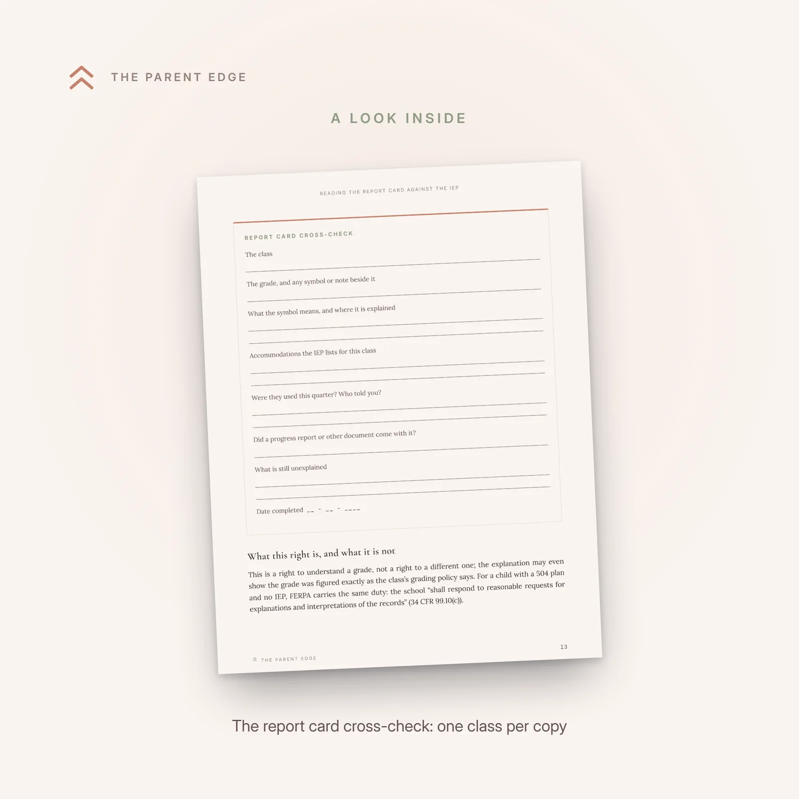 Sample page showing the fill-in worksheet Report card cross-check.