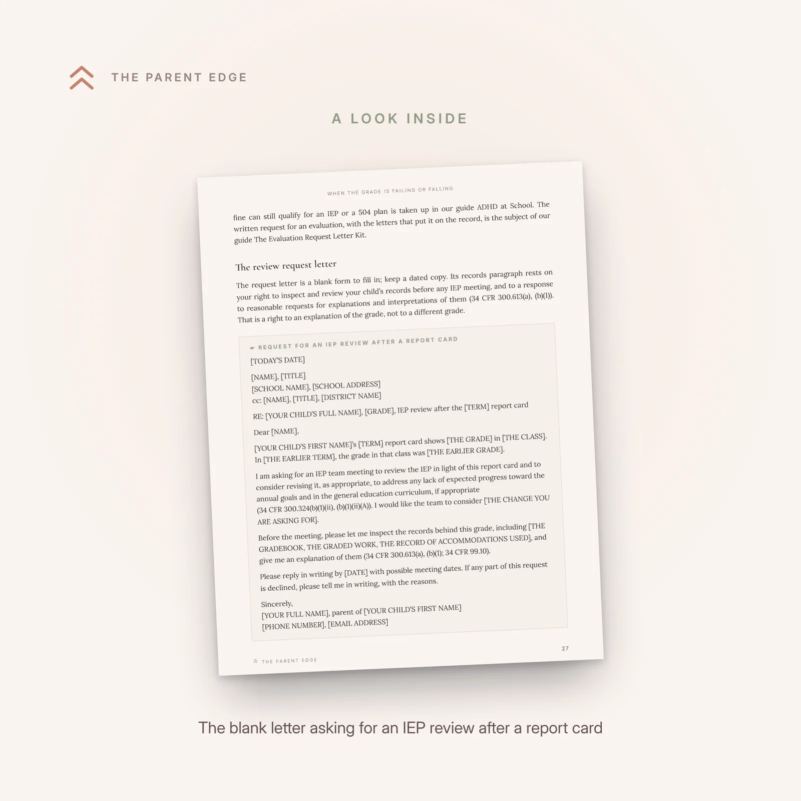 Sample page showing the blank fill-in letter requesting an IEP review after a report card.
