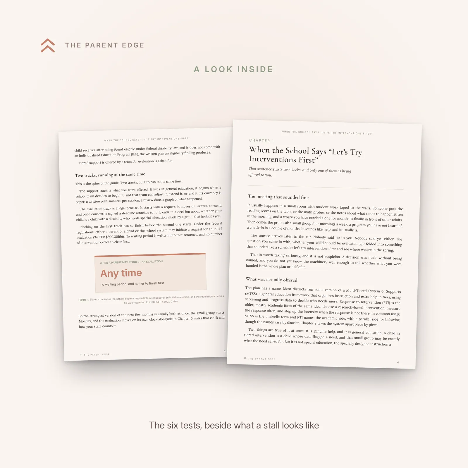 Angled pair of inside pages: the six stall-or-good-faith tests checklist beside the good-faith-versus-stall comparison chart.