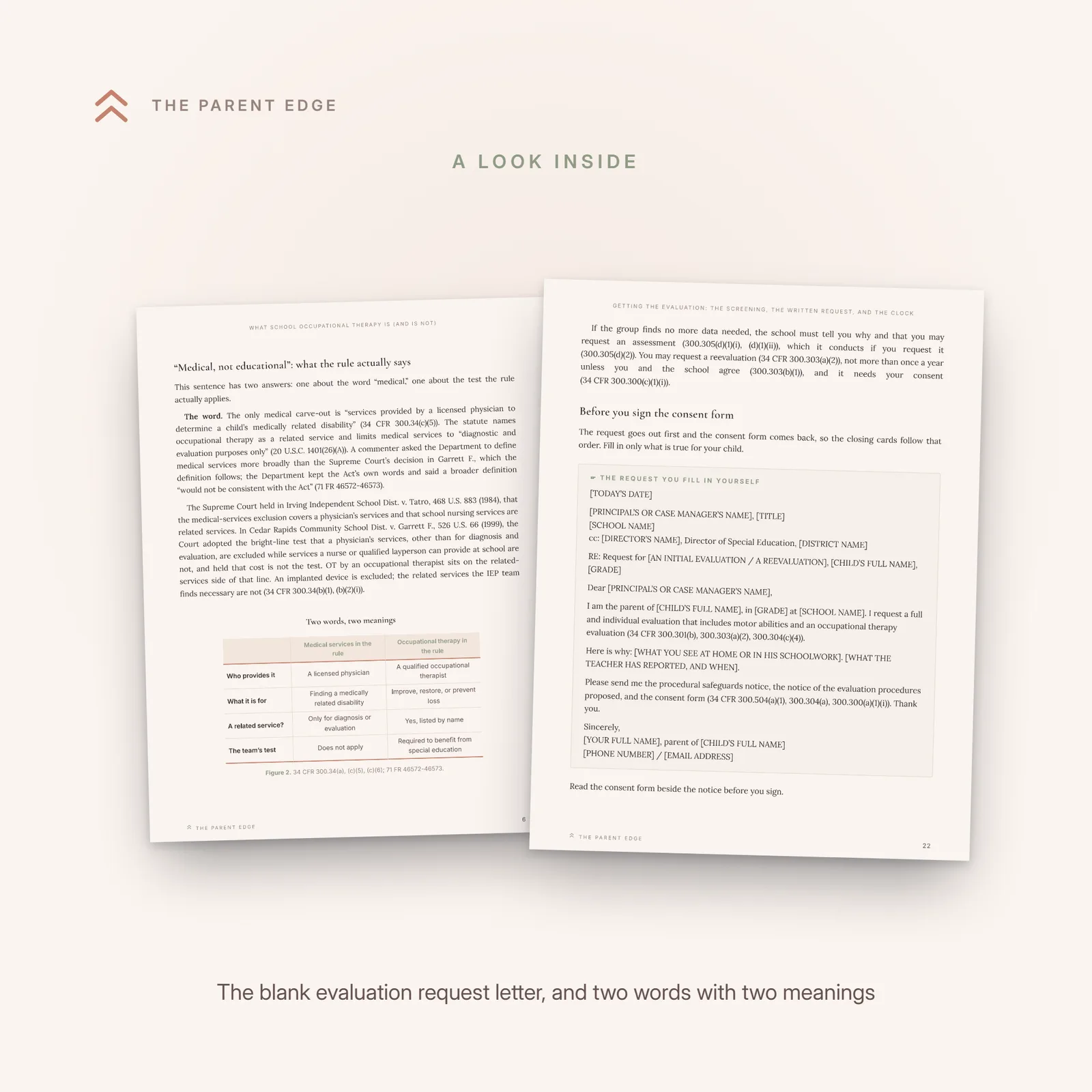 Two sample pages from the guide: the blank fill-in letter requesting an evaluation that includes motor abilities, and the comparison figure Two words, two meanings, medical services beside occupational therapy in the rule.