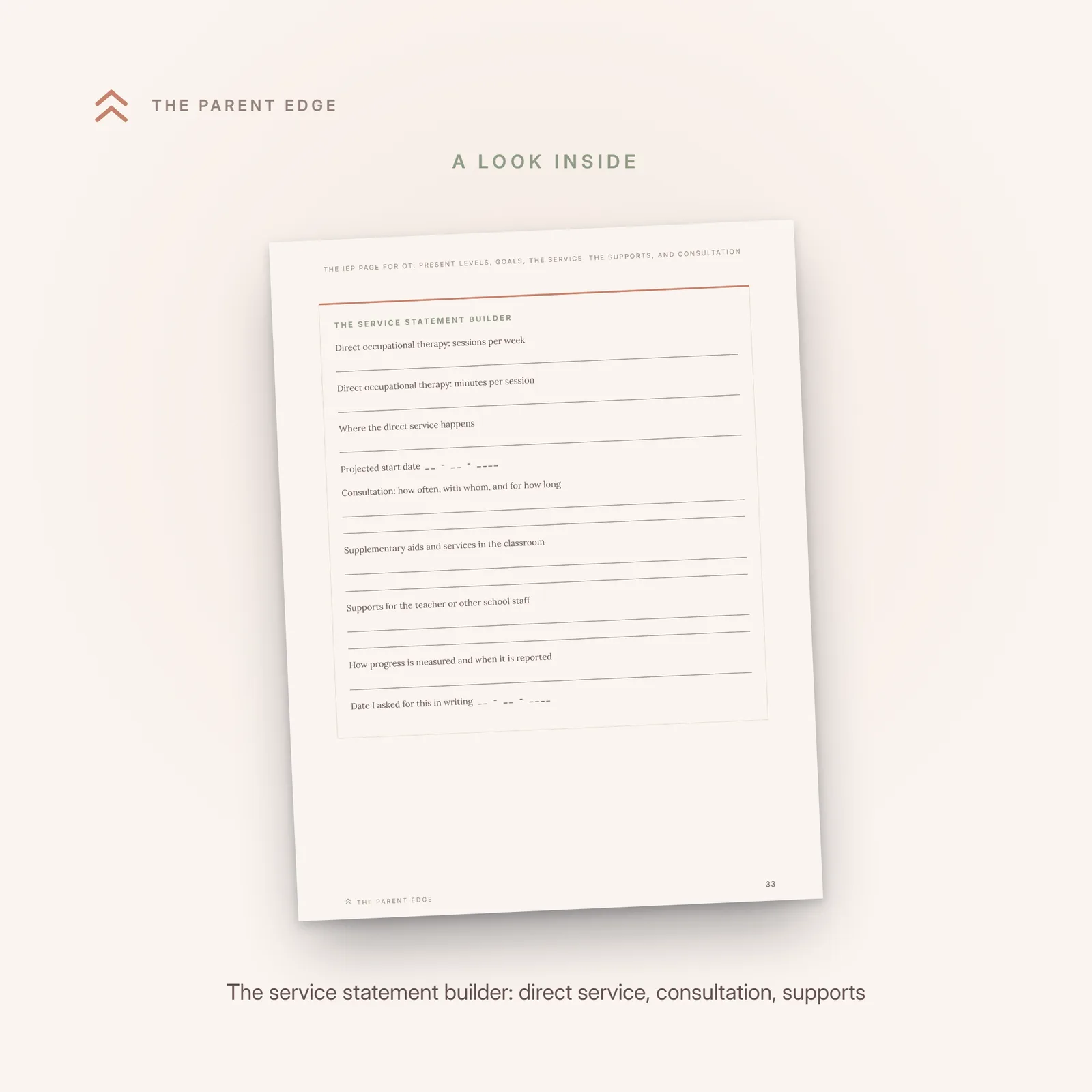 Sample page showing The service statement builder worksheet, nine fill-in fields from direct sessions per week to the date you asked for this in writing.