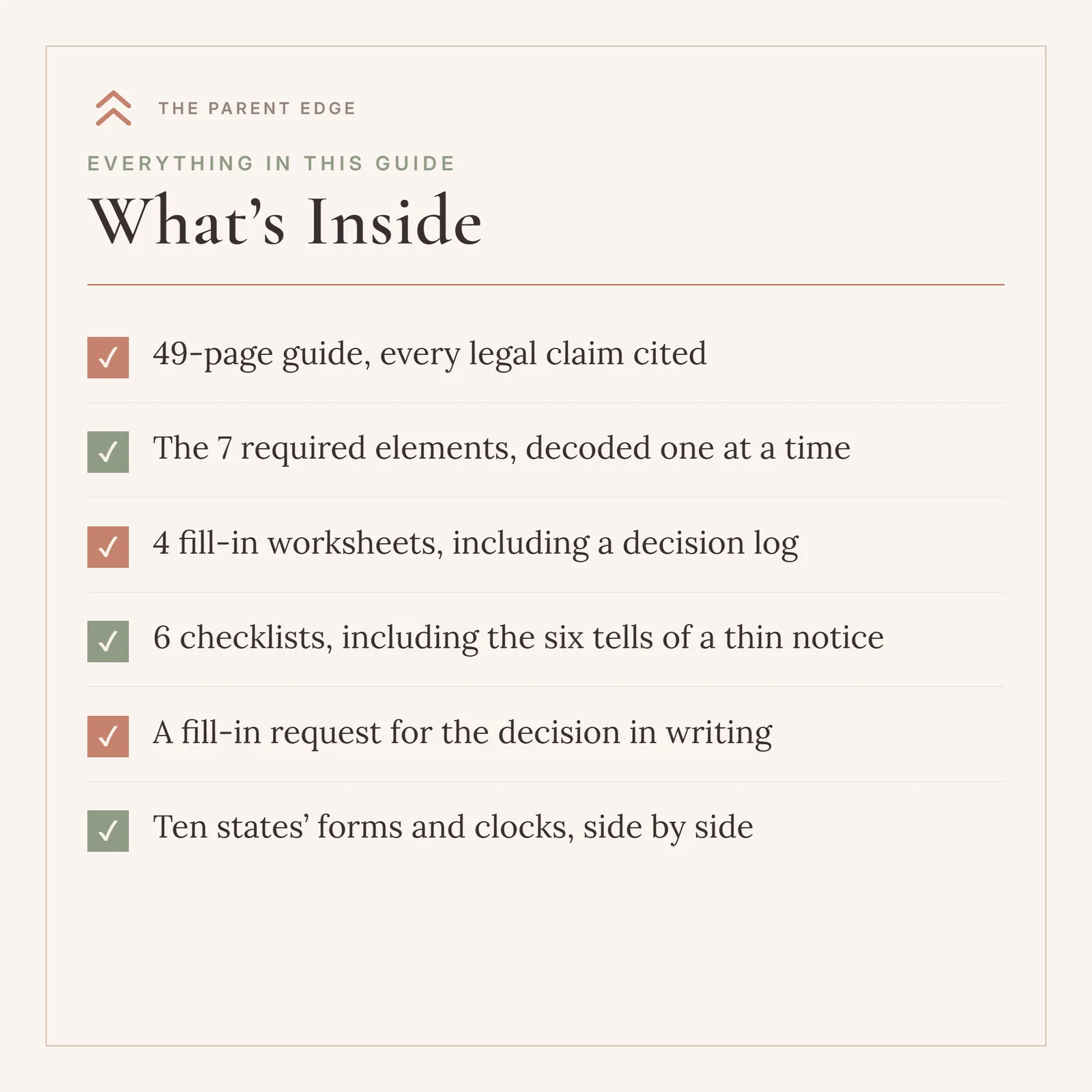 A What’s Inside card headed Everything in this guide, listing six ticked items: 49-page guide, every legal claim cited; The 7 required elements, decoded one at a time; 4 fill-in worksheets, including a decision log; 6 checklists, including the six tells of a thin notice; A fill-in request for the decision in writing; and Ten states’ forms and clocks, side by side. Warm plum-black type on blush ivory with alternating clay-rose and sage tick boxes.
