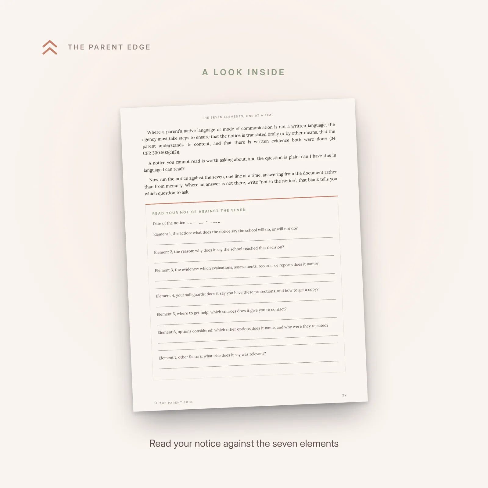 An interior page from chapter 4 showing the fill-in worksheet Read your notice against the seven, with a date blank and one ruled prompt for each of the seven required elements.