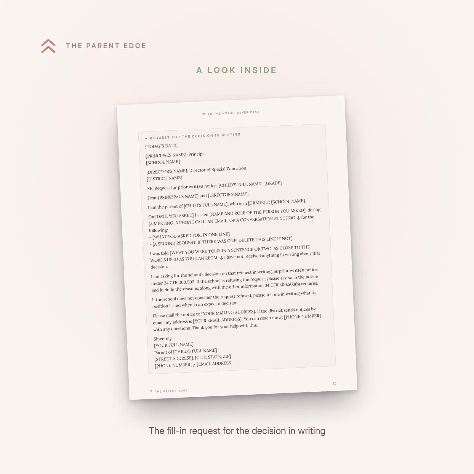 An interior page from chapter 6 showing the one-page fill-in letter, Request for the decision in writing, with bracketed blanks for the child's name, the request, what the parent was told, and the mailing and email addresses.
