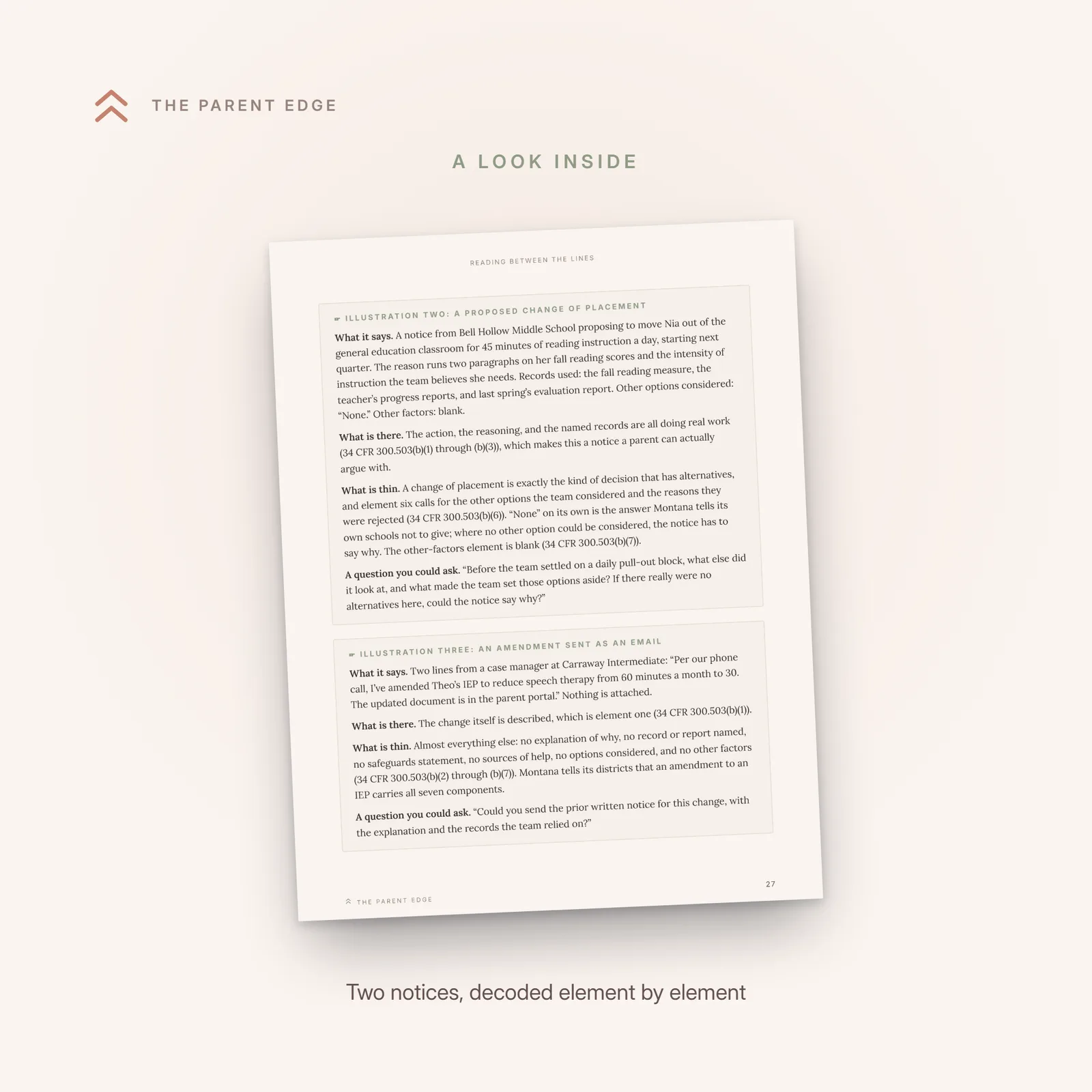 An interior page from chapter 5 showing two decoded illustrations, a proposed change of placement and an amendment sent as an email, each broken into what it says, what is there, what is thin, and a question the parent could ask.