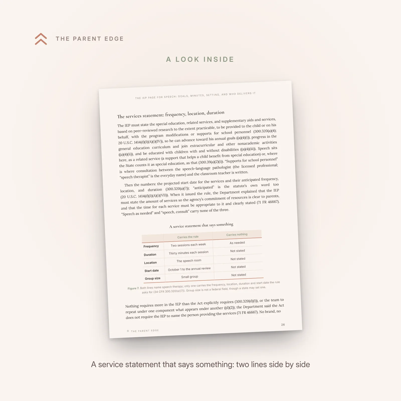 Sample page showing the comparison figure A service statement that says something: two IEP service lines side by side, the one that commits to nothing and the one that carries the frequency, duration, location, start date, and group size.