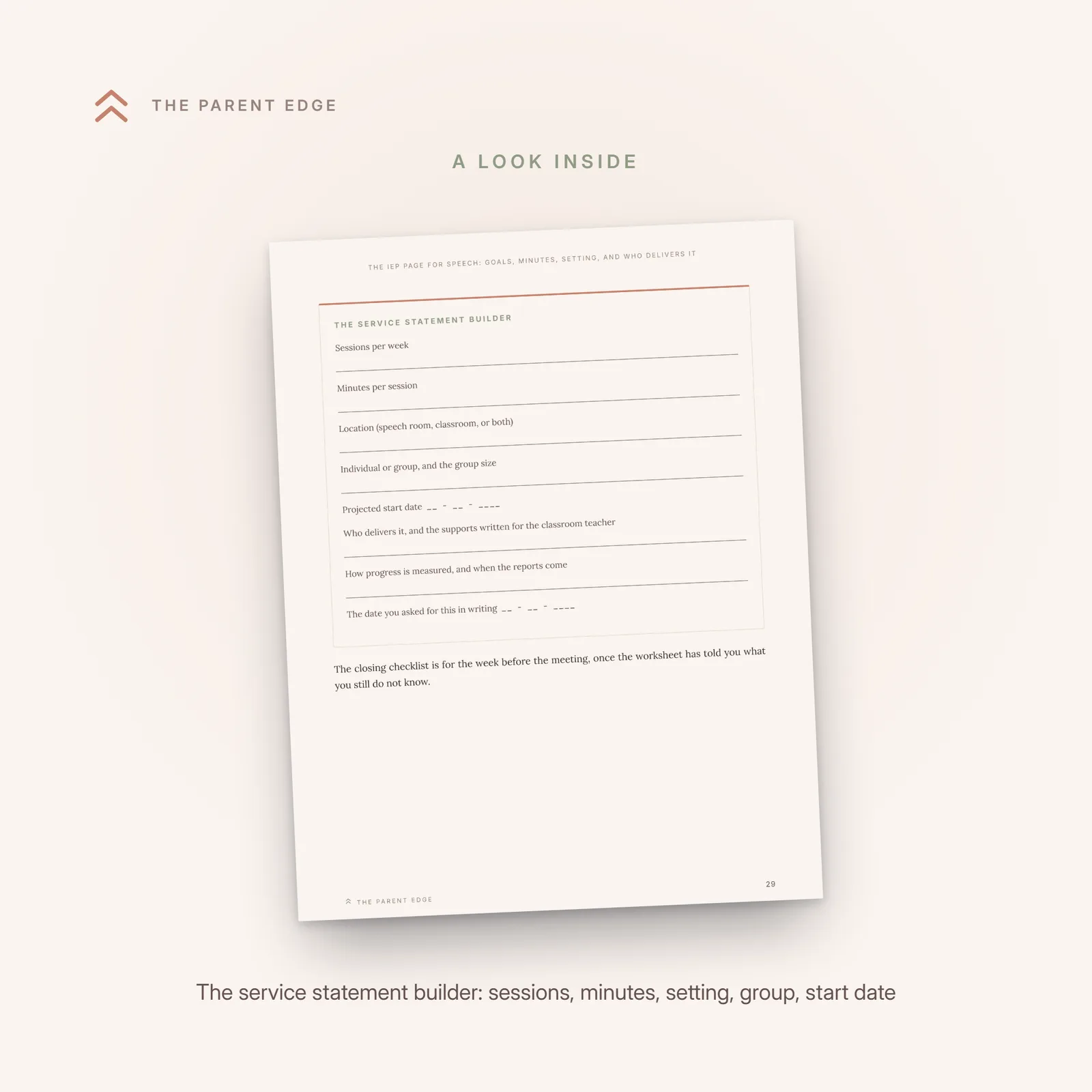 Sample page showing The service statement builder worksheet, eight fill-in fields from sessions per week to the date you asked for this in writing.
