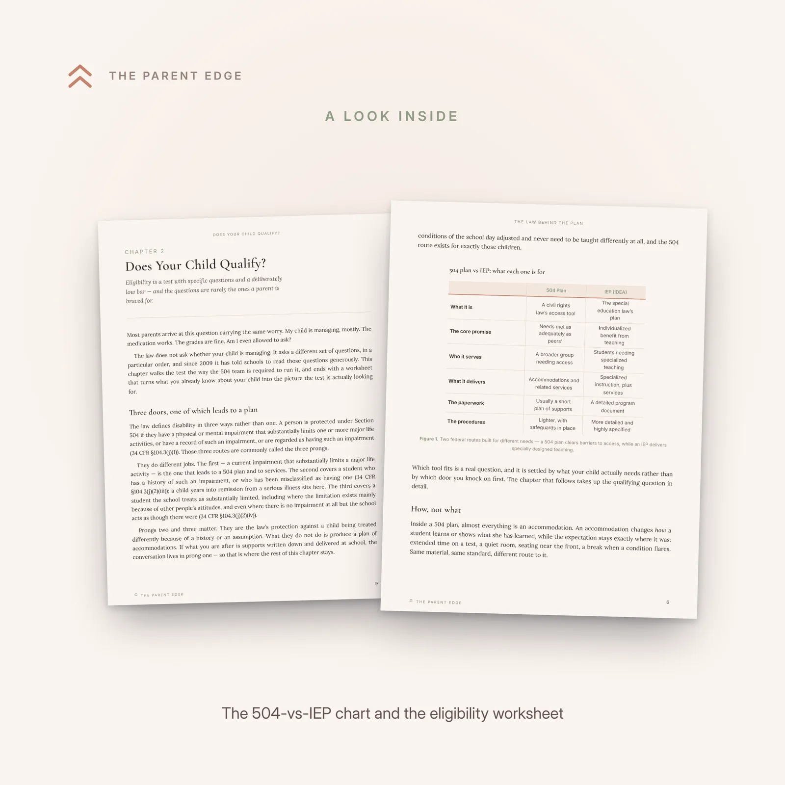 Two inside pages: the 504 plan versus IEP comparison chart, and the eligibility worksheet describing your child at the condition's worst.