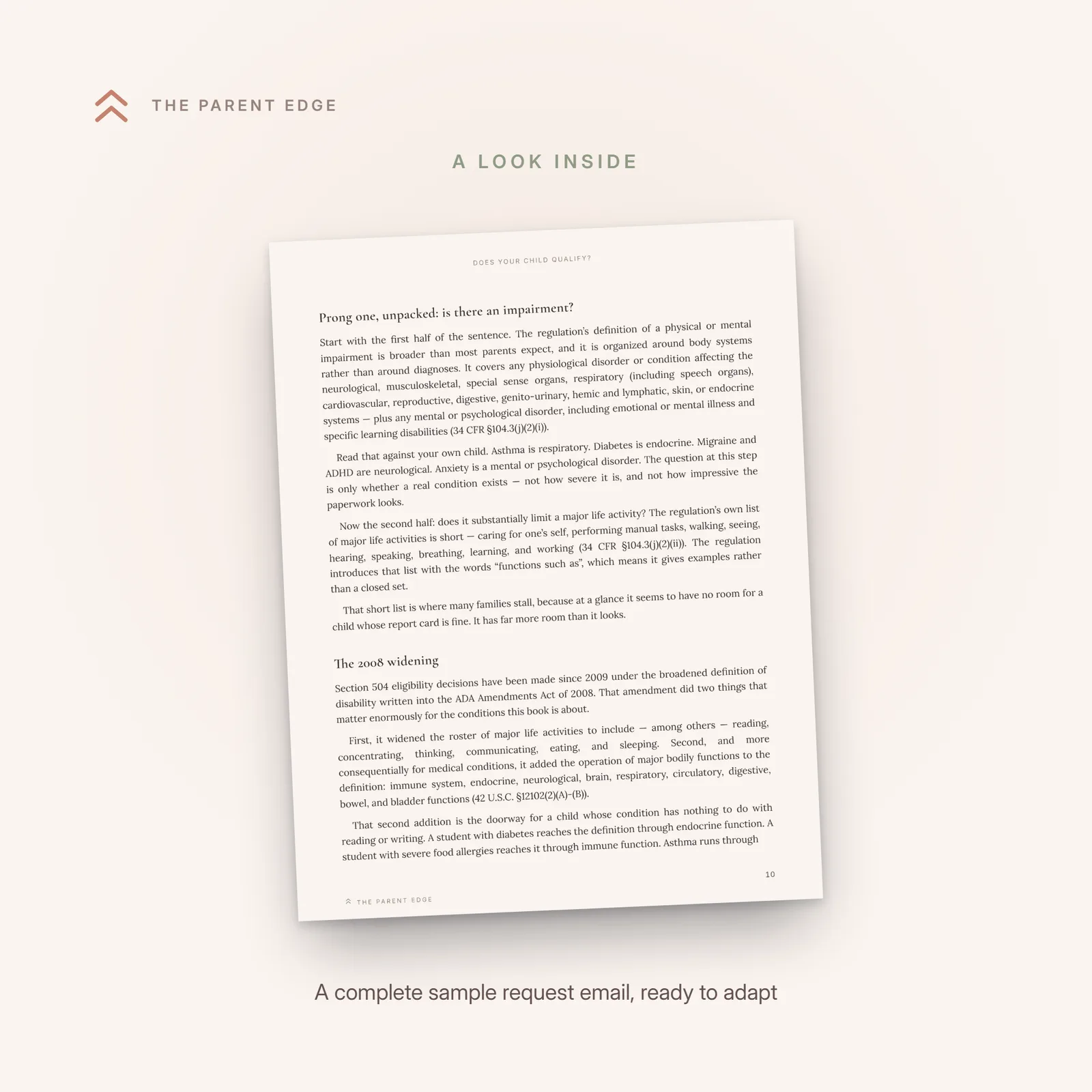 Inside page: a complete sample evaluation-request email a parent can adapt and send to the school's 504 coordinator.
