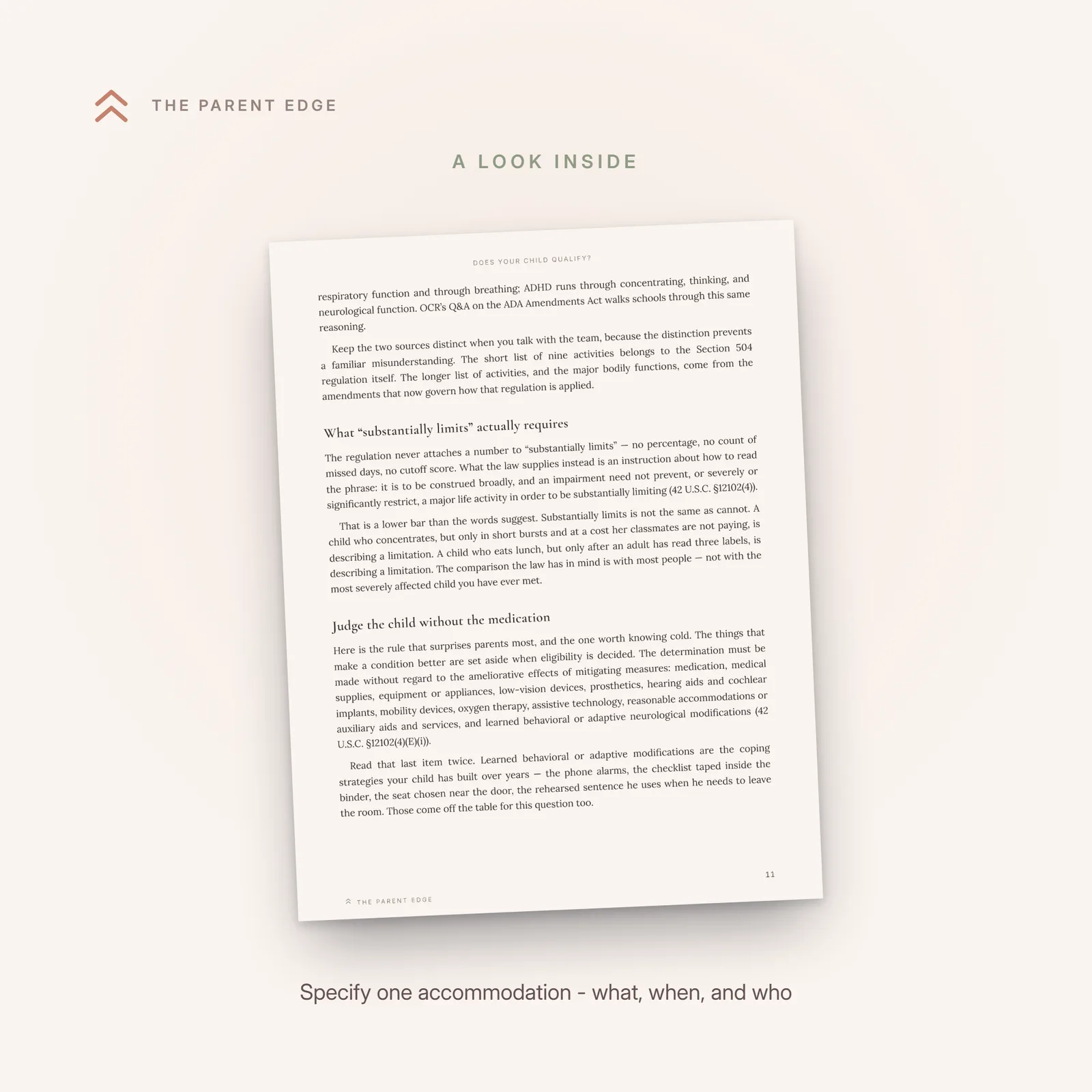 Inside page: the specify-one-accommodation worksheet with fields for the need, the accommodation, when it applies, and who provides it.