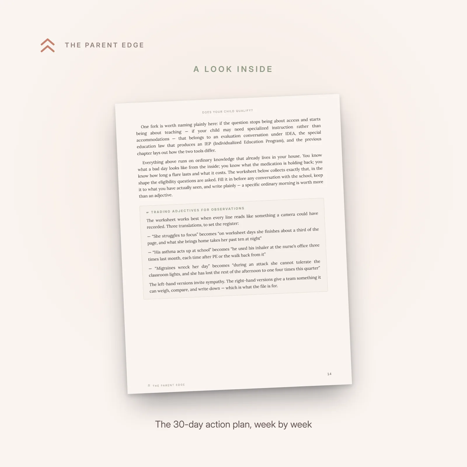 Inside page: the 30-day action plan checklist, organized week by week from finding the coordinator to holding a plan or a timeline in writing.