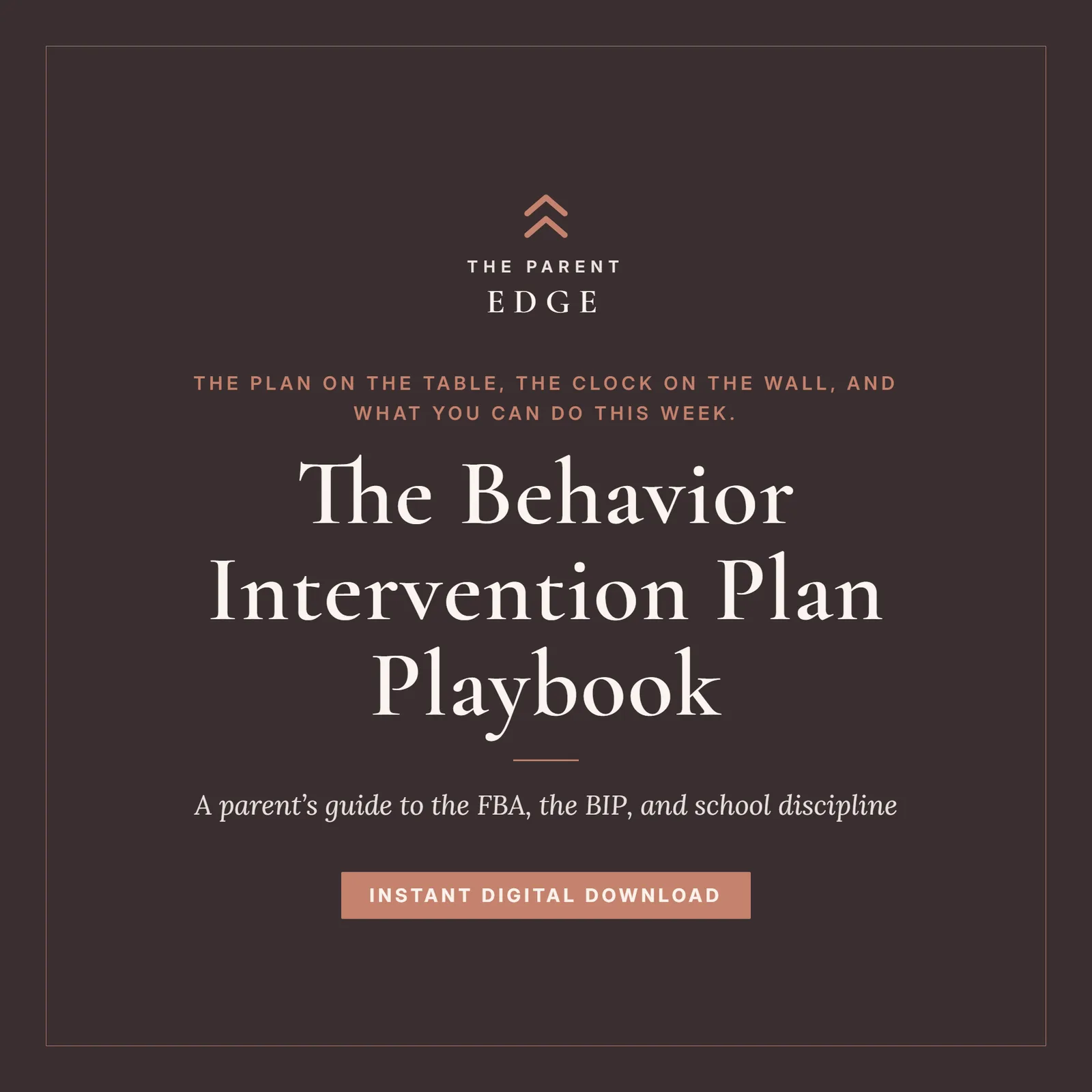Cover card for The Behavior Intervention Plan Playbook, subtitled “A parent’s guide to the FBA, the BIP, and school discipline,” with the tagline “The plan on the table, the clock on the wall, and what you can do this week.” and an Instant Digital Download badge, in the shop's clay-rose and ivory brand colors.