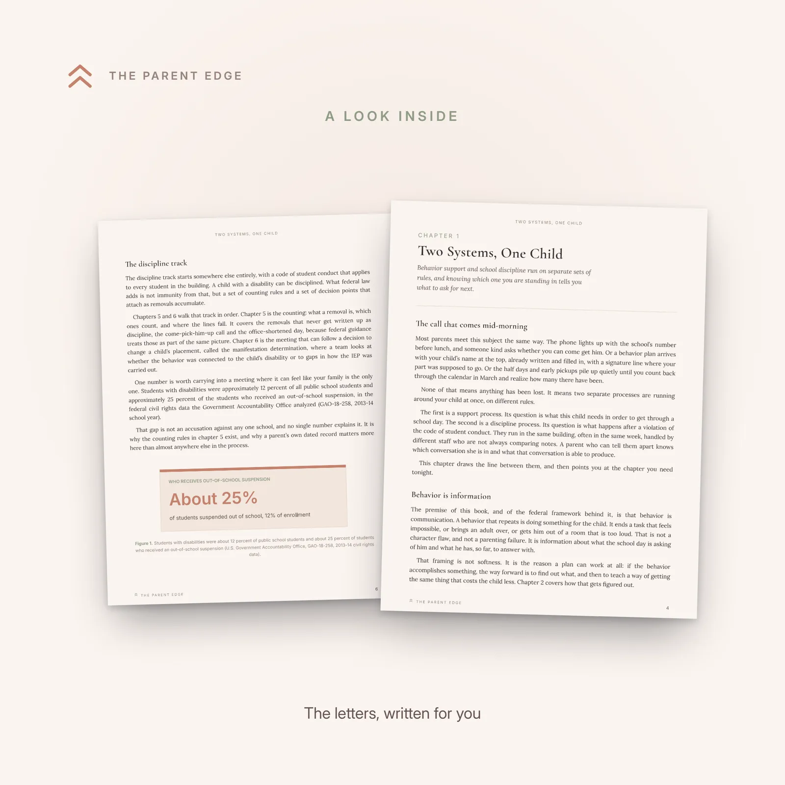 Two fill-in letter templates from the guide shown as angled sample pages: a written request for a functional behavioral assessment in front, and a review meeting request letter behind it.