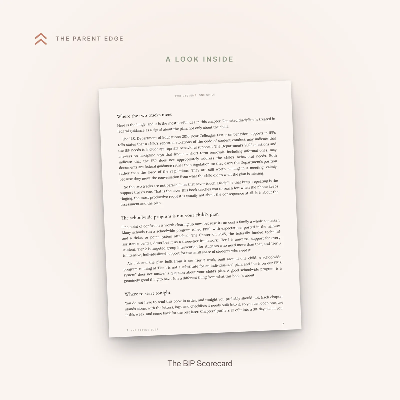 Sample guide page showing the BIP Scorecard, a twelve-item yes-or-no checklist for judging the behavior intervention plan a parent was handed.